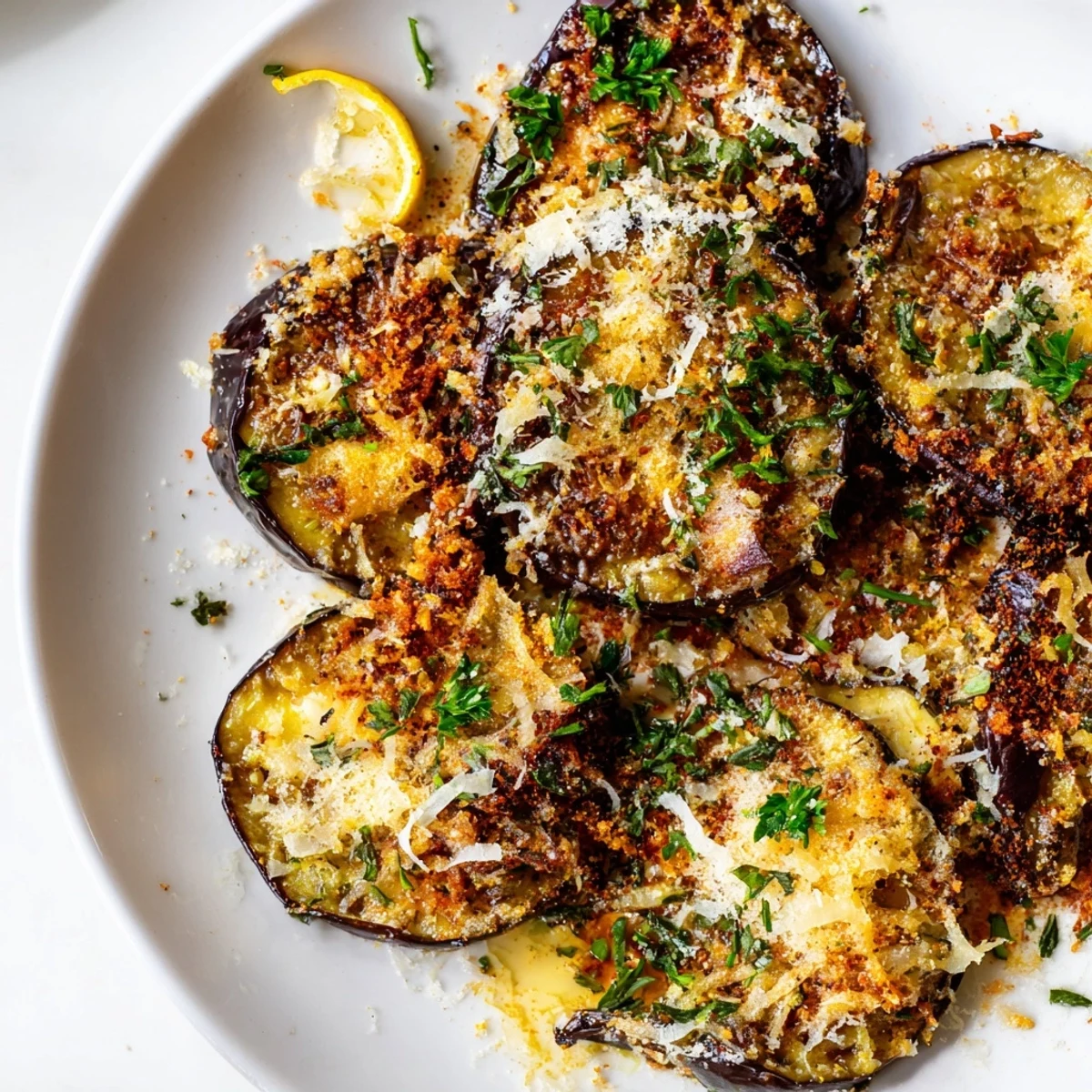 Close-up of warm Mediterranean Roasted Eggplant & Parmesan Crisps, showing bubbly cheese and golden edges, ideal for serving at a party with wine.