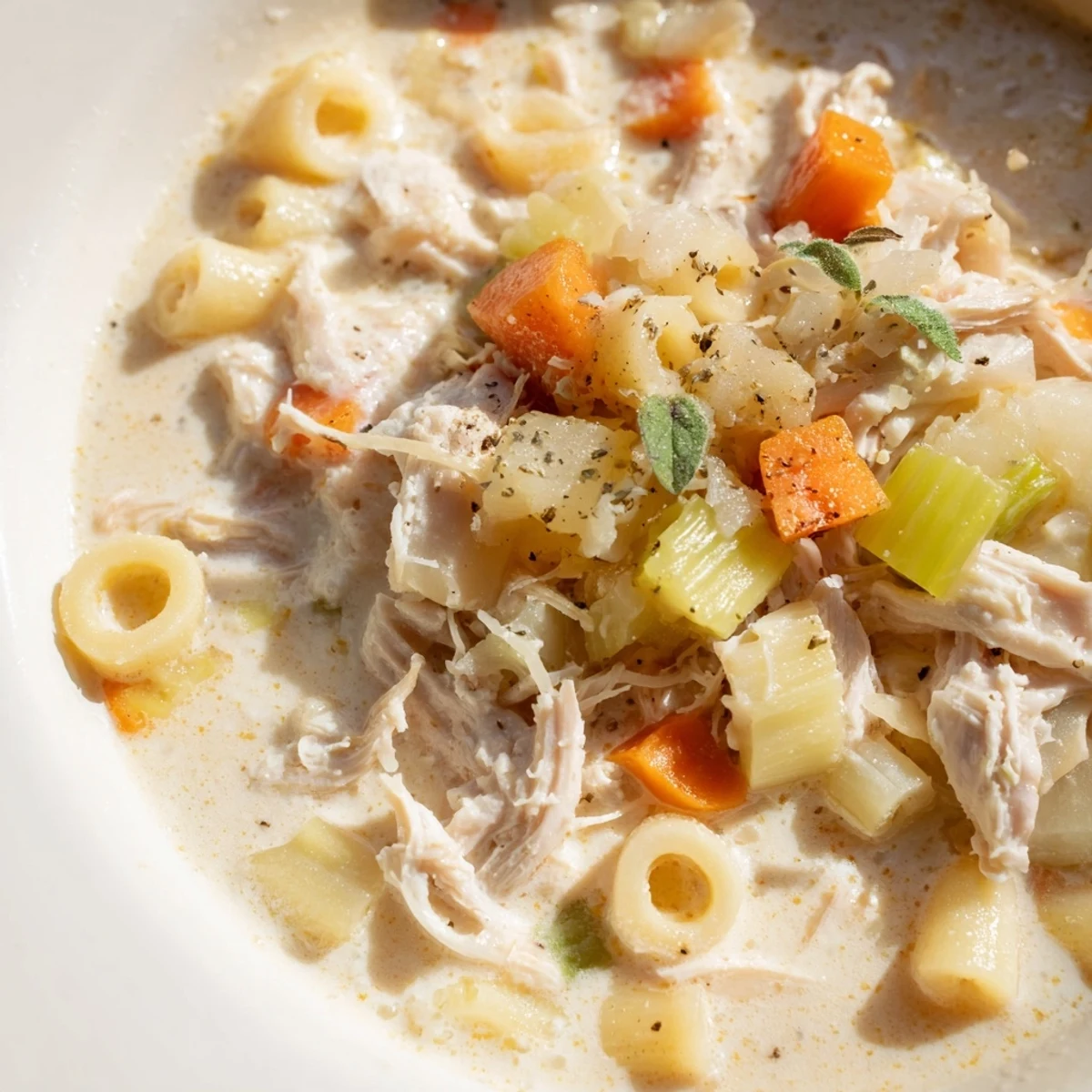 Creamy Chicken Parmesan Soup steams in a bowl with tender shredded chicken, diced carrots, and a garnish of fresh basil.