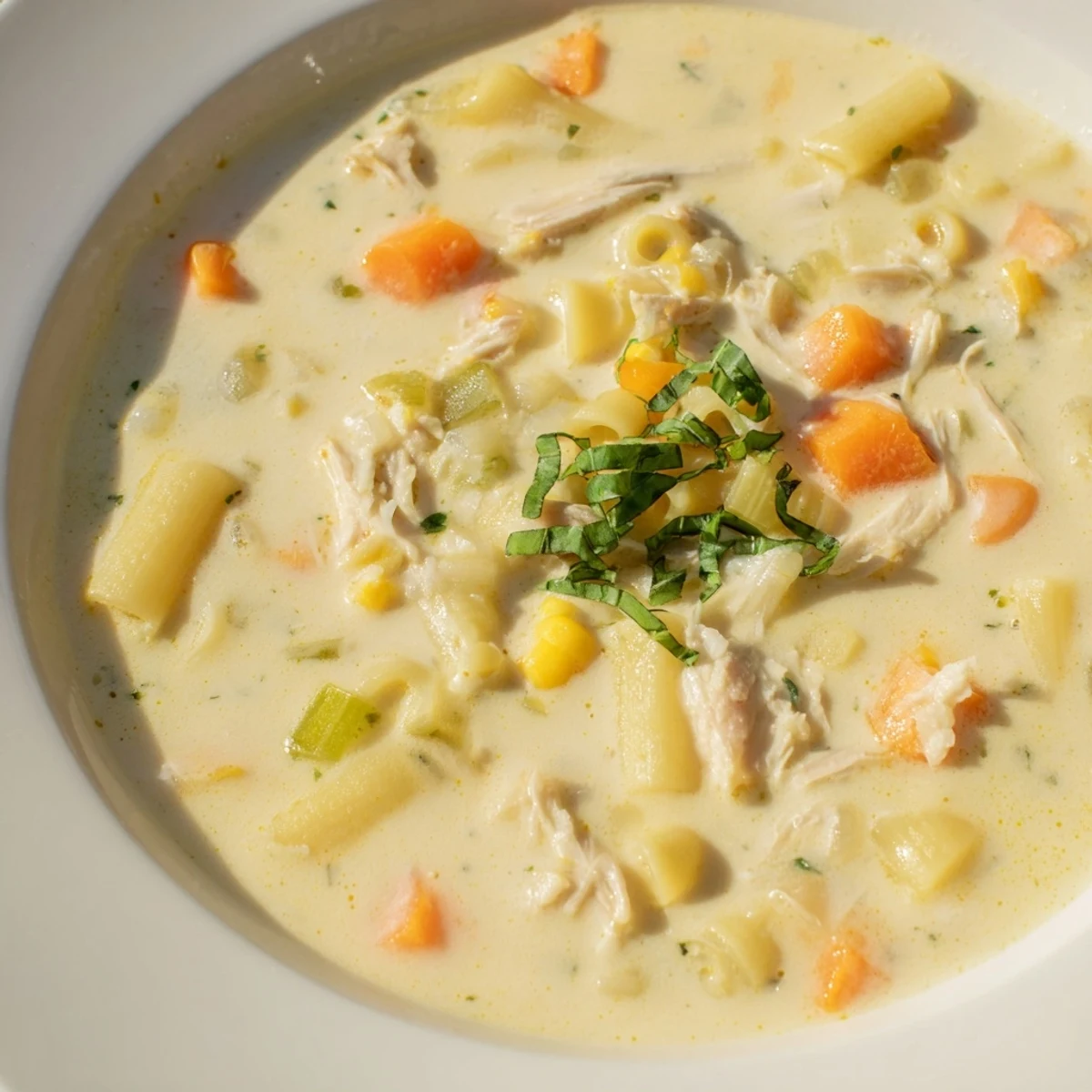 Serving suggestion for Crock Pot Creamy Chicken Parmesan Soup in a rustic bowl with crusty bread on the side.