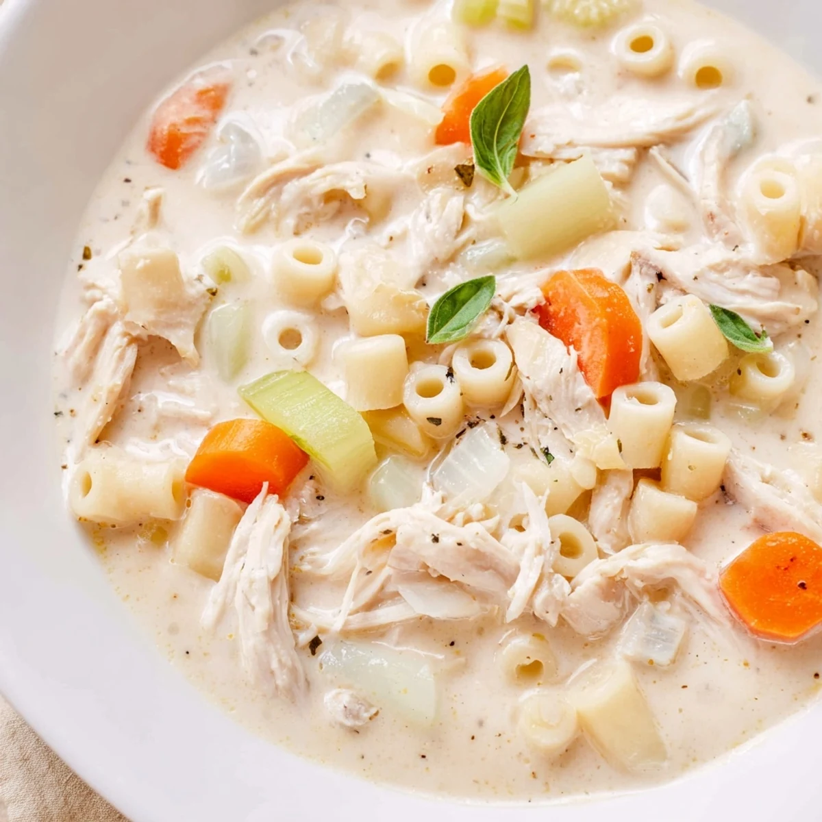 A close-up of Crock Pot Creamy Chicken Parmesan Soup shows melted Parmesan and a swirl of heavy cream.
