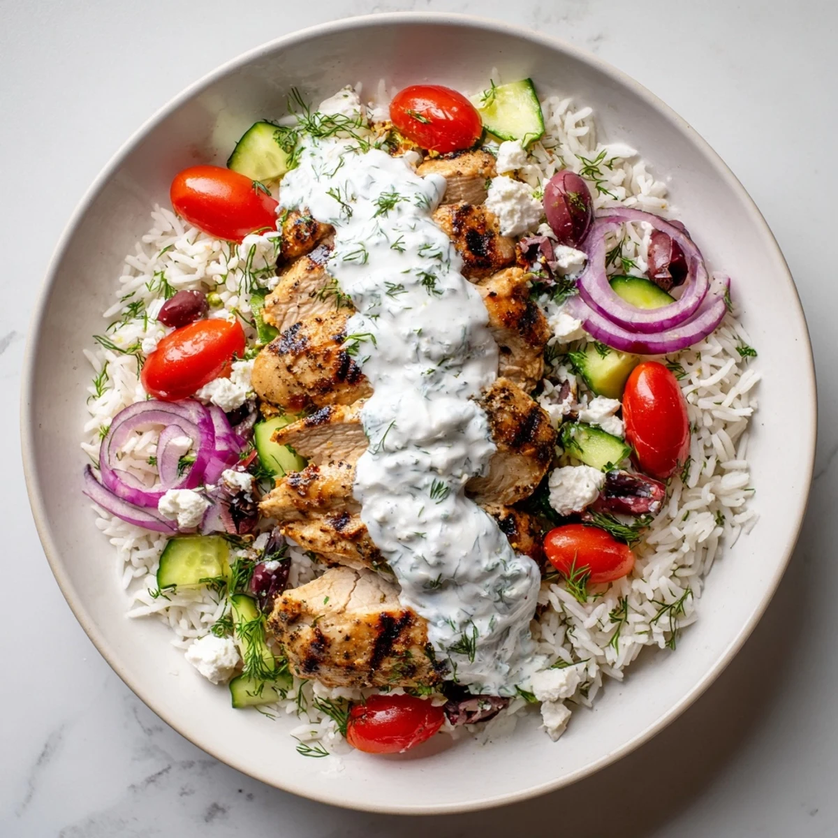 A close-up of Greek Chicken Bowls showing grilled chicken slices, herbed rice, and a drizzle of tzatziki sauce over fresh veggies.