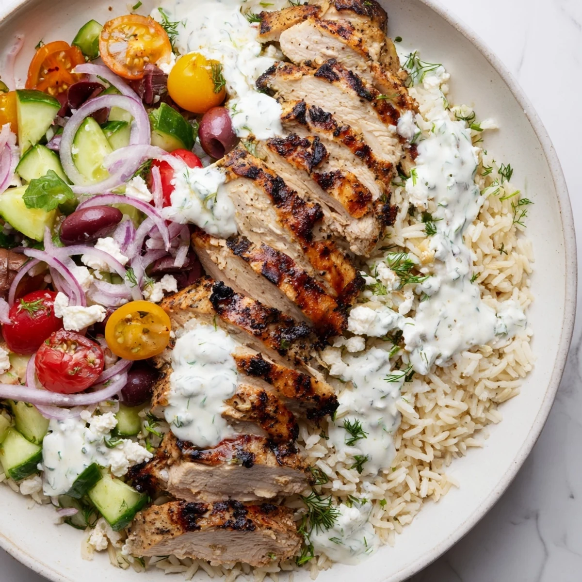 Colorful Greek Chicken Bowls topped with feta cheese, Kalamata olives, and cucumber on a rustic wooden table.