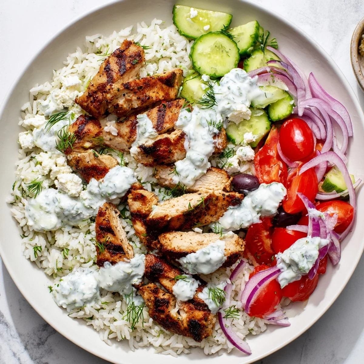 Serving suggestion for Greek Chicken Bowls with marinated grilled chicken and bright vegetables ready to enjoy.