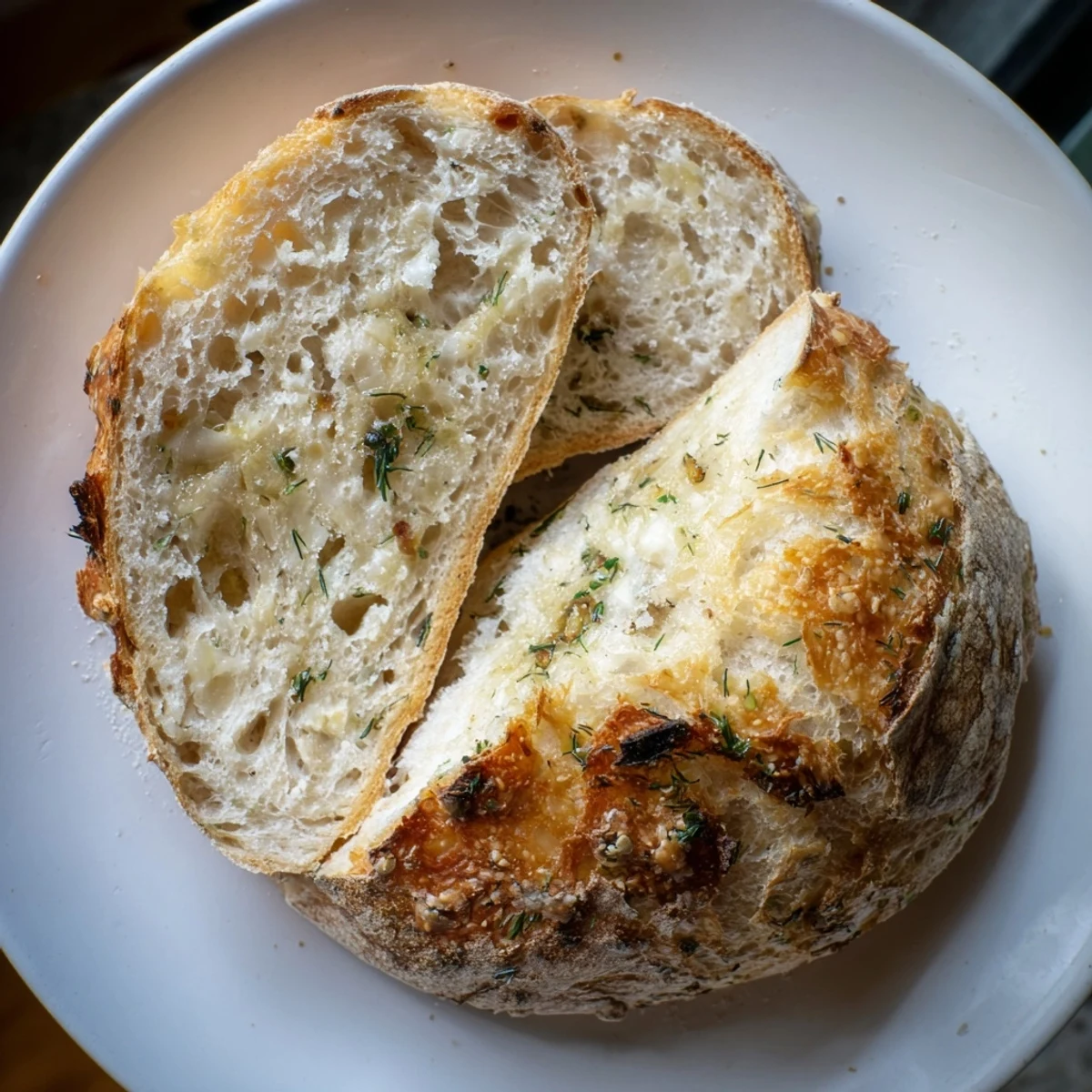 Rustic No-Knead Dill Gouda Artisan Bread with golden crust and melty cheese, fresh from the Dutch oven.