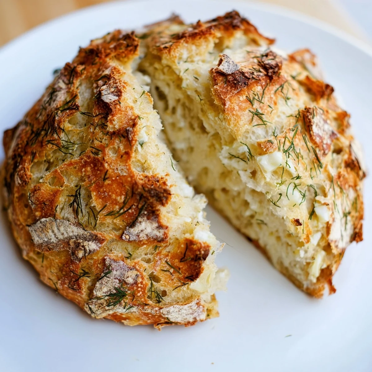 Cooling on a wire rack, No-Knead Dill Gouda Artisan Bread shows airy crumb flecked with dill.