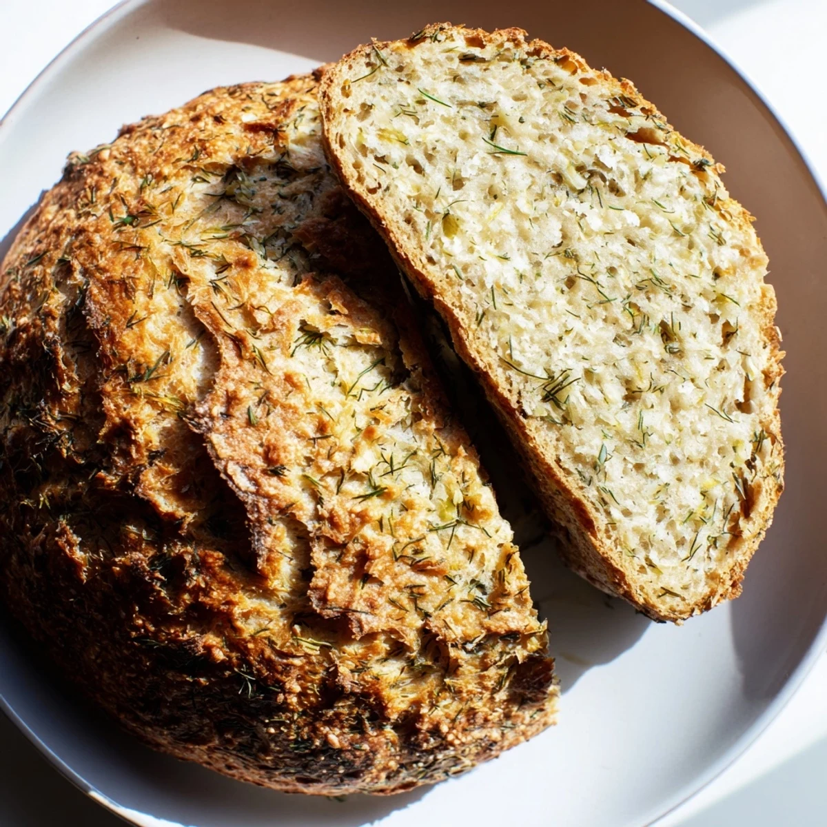 Sliced No-Knead Dill Gouda Artisan Bread beside creamy soup, highlighting herbs and Gouda on a wooden board.
