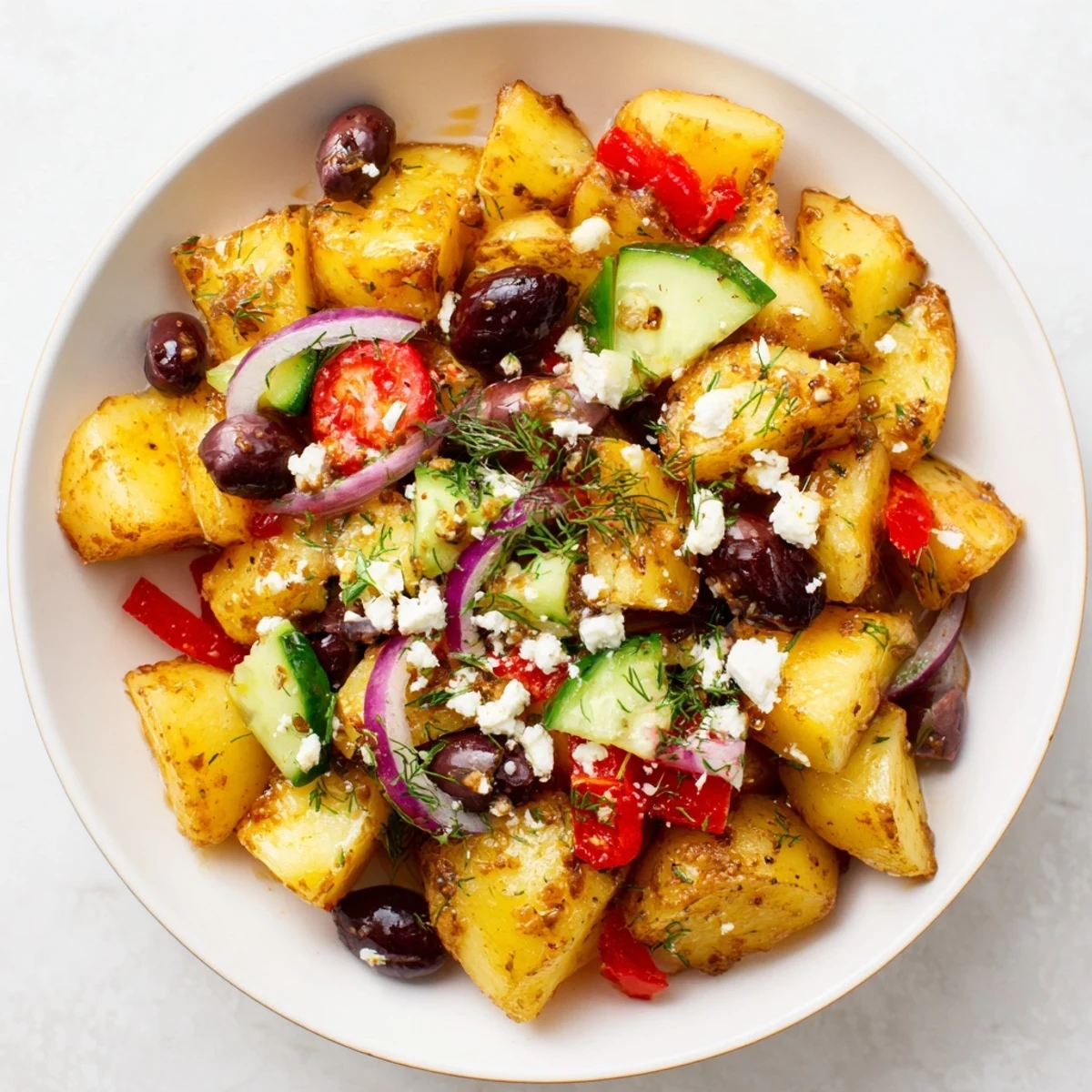 Fresh chilled olive Greek potato salad with tender potatoes, crunchy cucumbers, and crumbled feta in a zesty dressing.