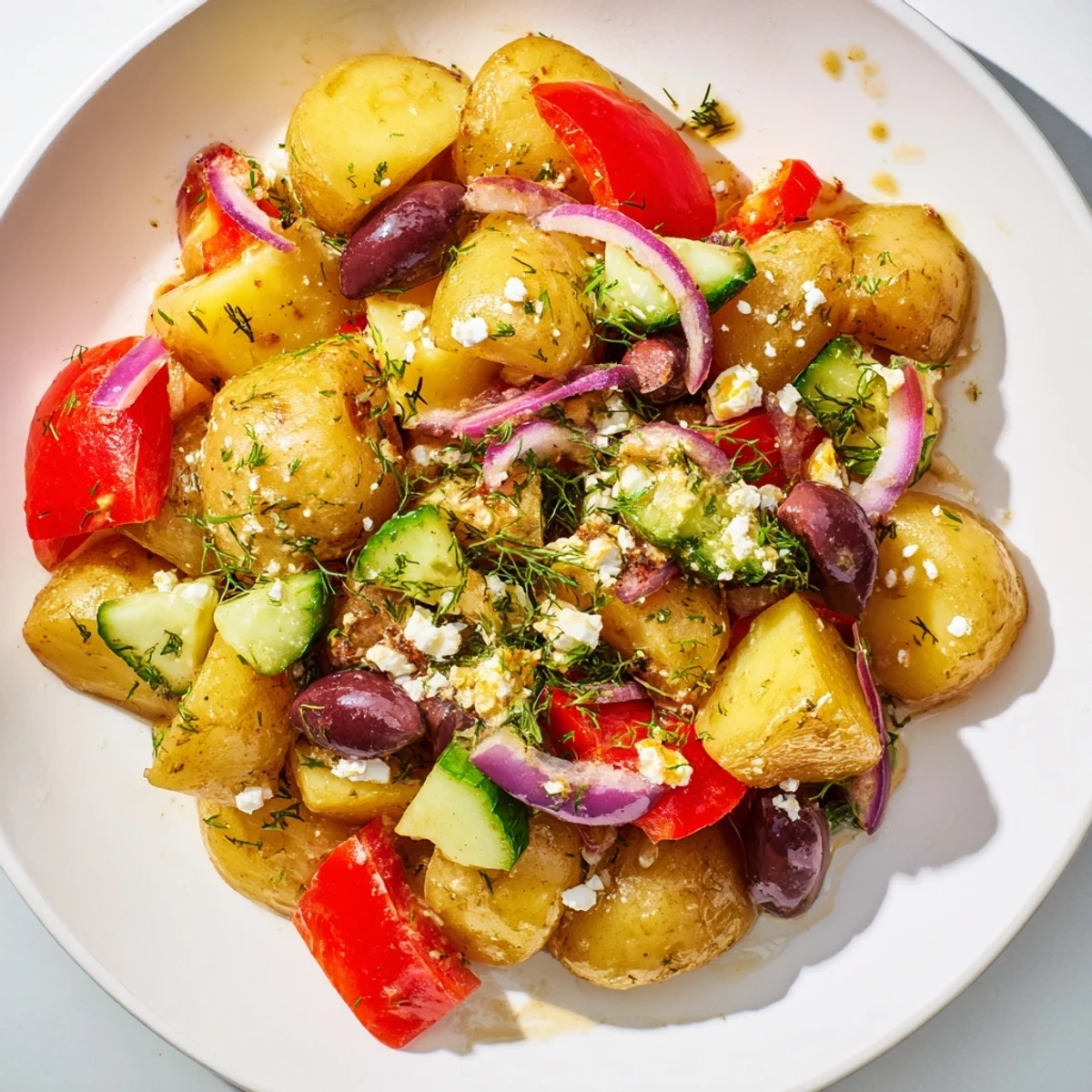 A colorful Mediterranean side dish of olive Greek potato salad served in a white bowl at a summer barbecue.
