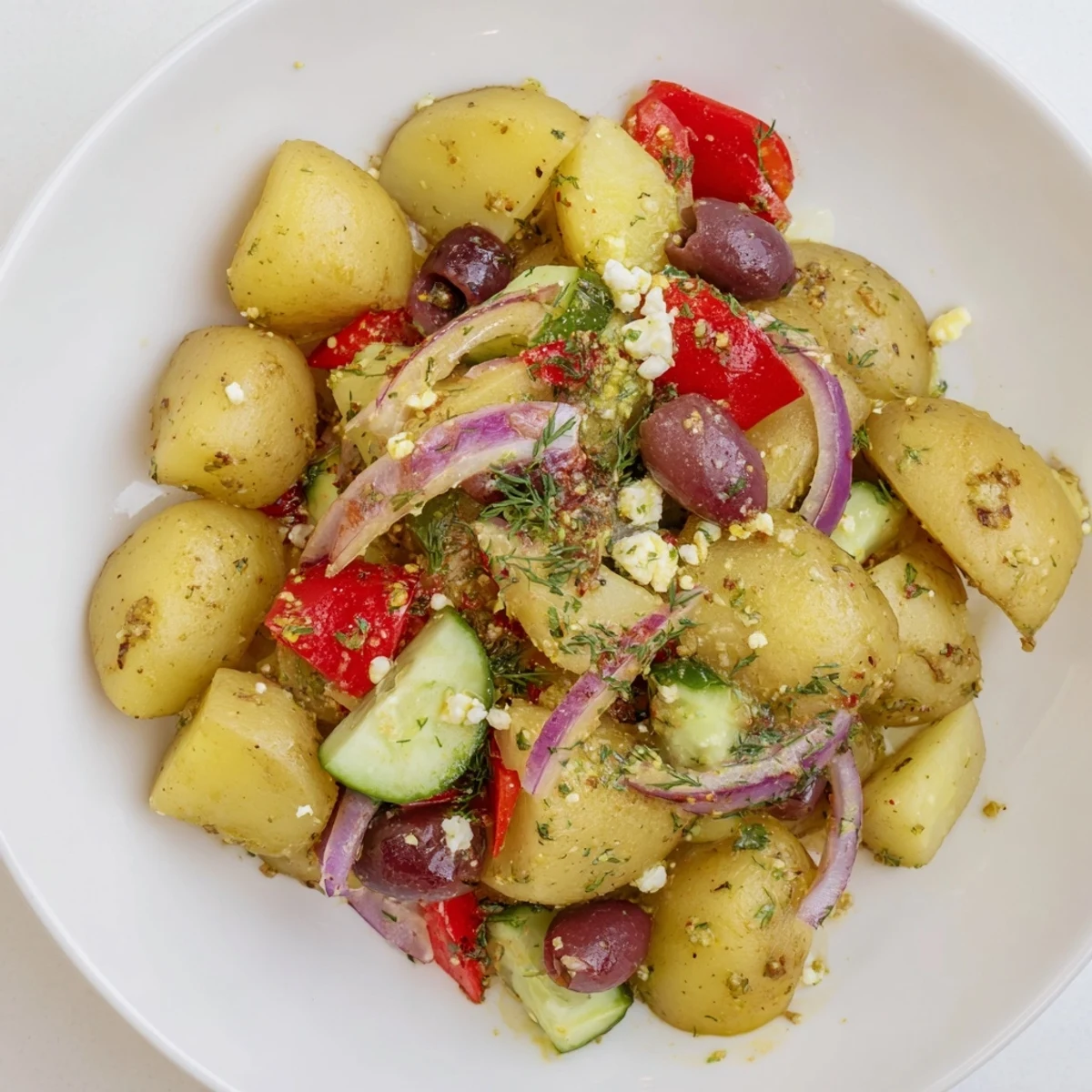 Bright cherry tomatoes and Kalamata olives tossed into refreshing olive Greek potato salad with herbs and tangy vinaigrette.