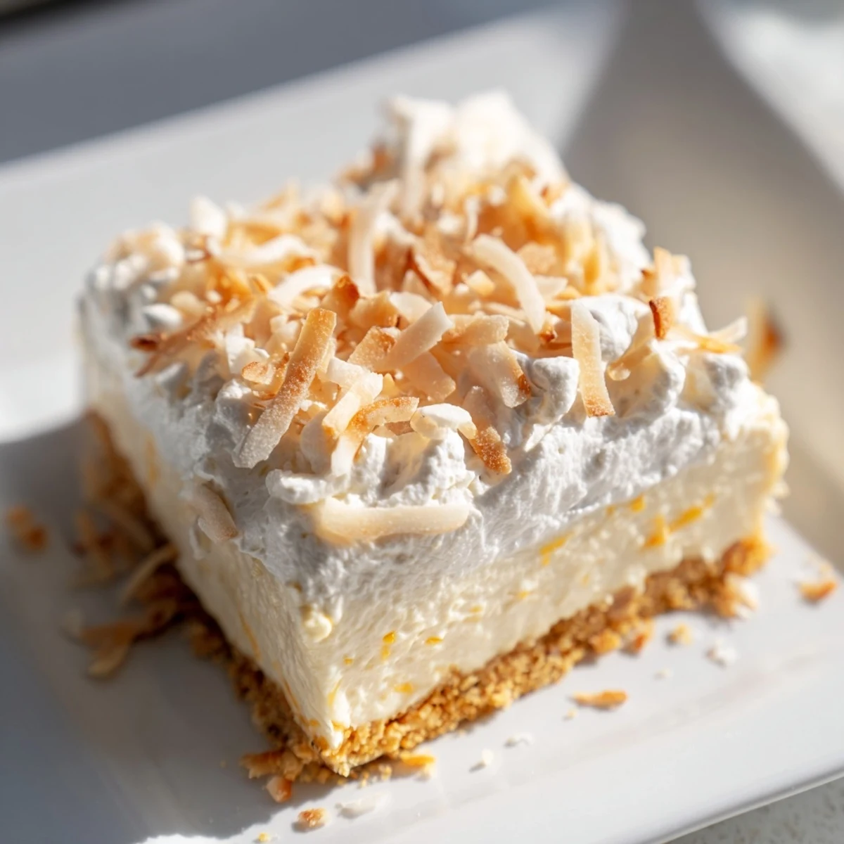 The toasted coconut flakes glisten on top of a pan of freshly made Coconut Cream Dream Bars, ready to serve.