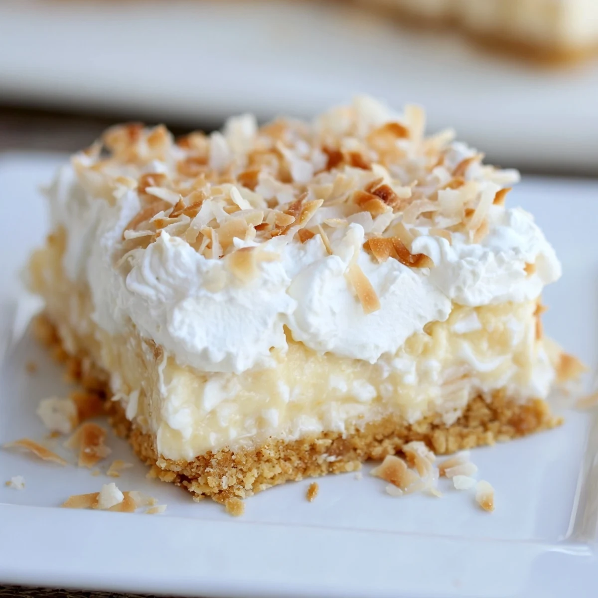 A close-up view of Coconut Cream Dream Bars sliced to reveal a creamy layer and a golden graham cracker crust.