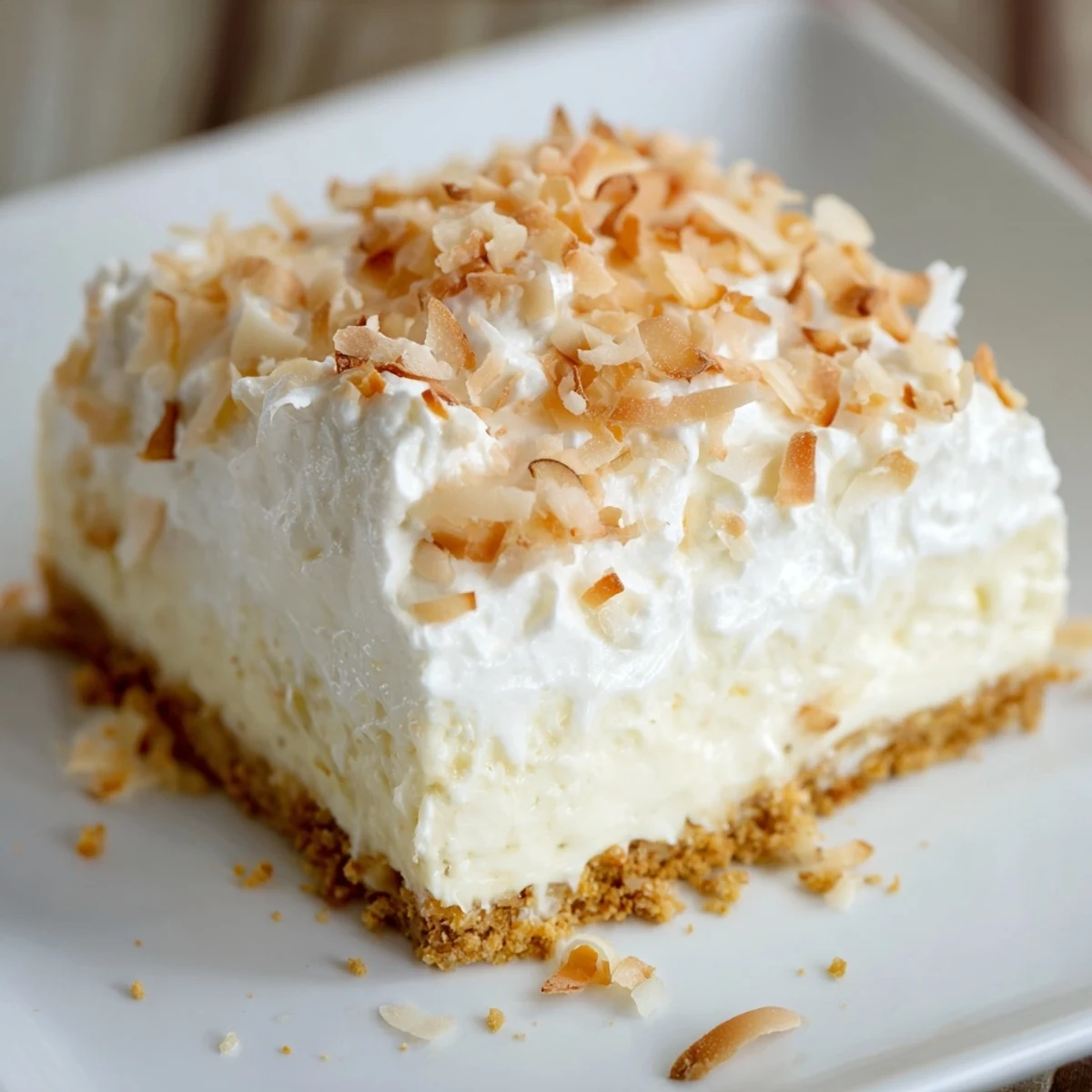 A single Coconut Cream Dream Bar is held up to show its fluffy whipped topping and rich coconut filling.