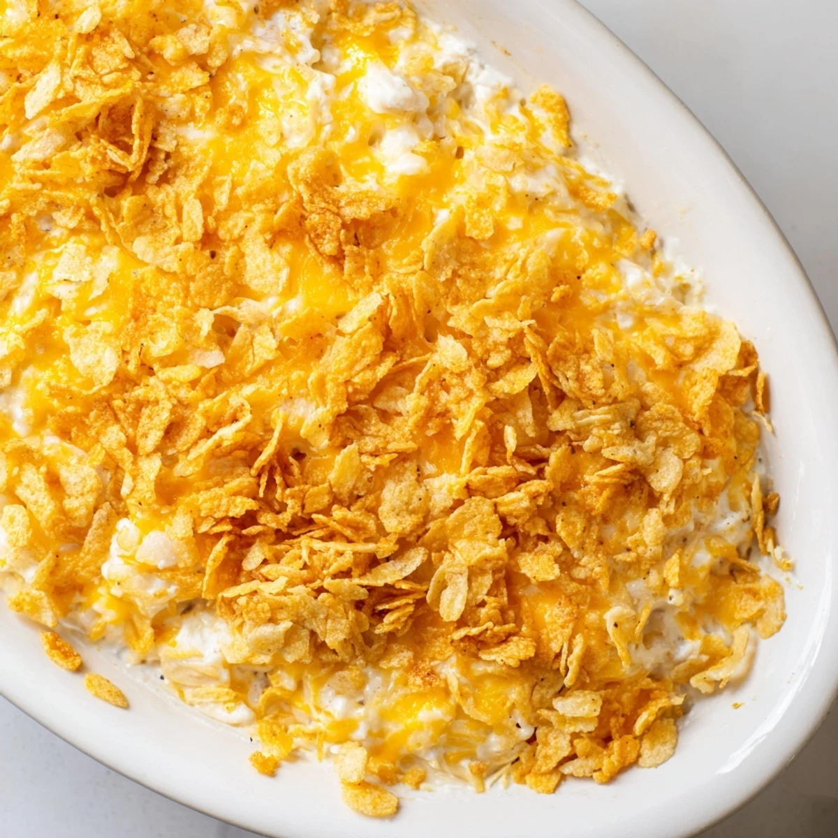 A close-up of baked Funeral Potatoes with Hashbrowns showing golden cornflake topping and melted cheese bubbling on a white plate.
