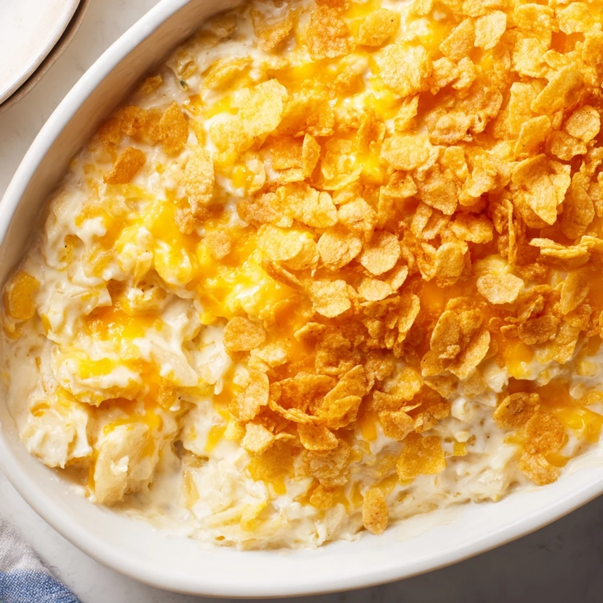 Funeral Potatoes with Hashbrowns served hot from the oven, creamy casserole in a dish with a spatula ready to scoop.