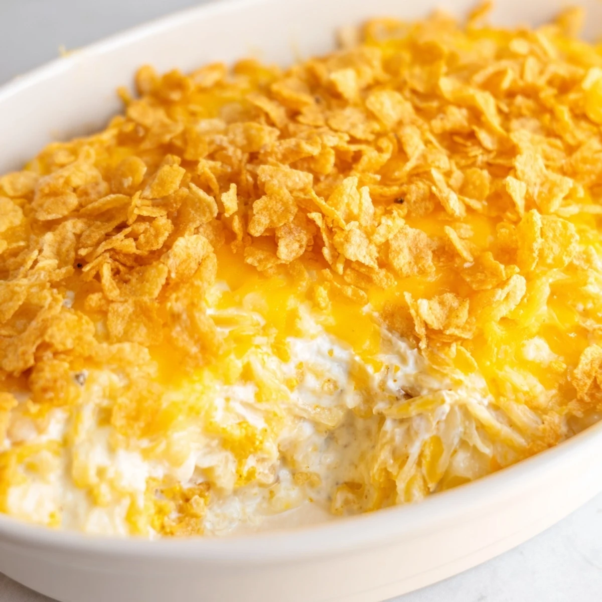Comforting Funeral Potatoes with Hashbrowns, a cheesy casserole topped with crunchy cornflakes, perfect for a potluck spread.