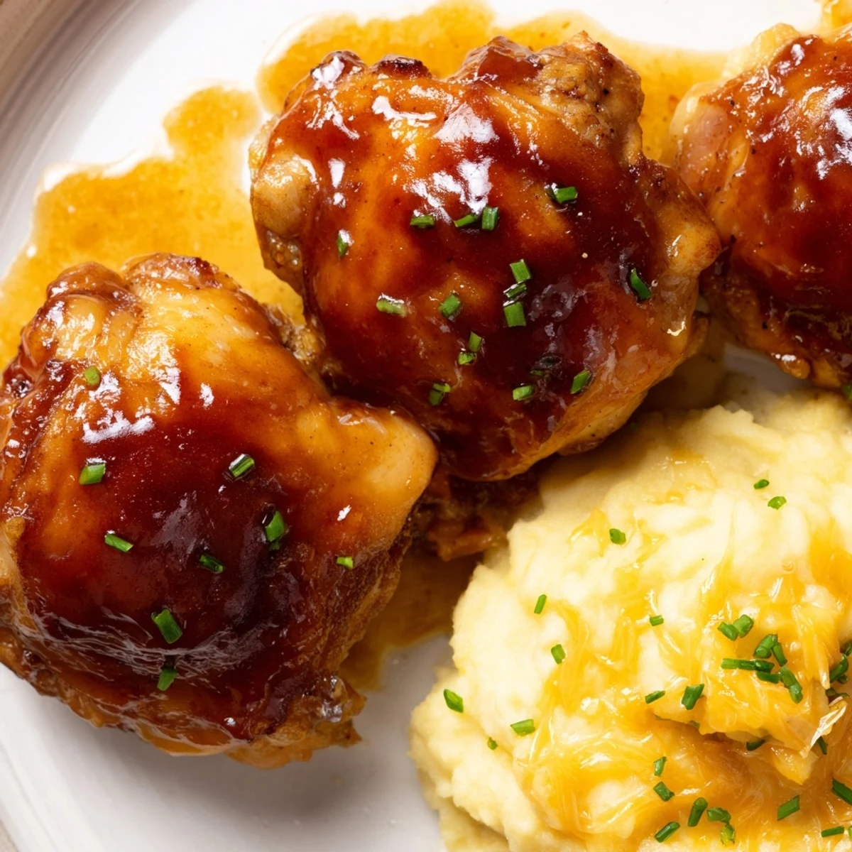 Golden-brown chipotle honey chicken thighs roasted to perfection sit beside creamy smoked Gouda mashed potatoes, garnished with fresh chives.