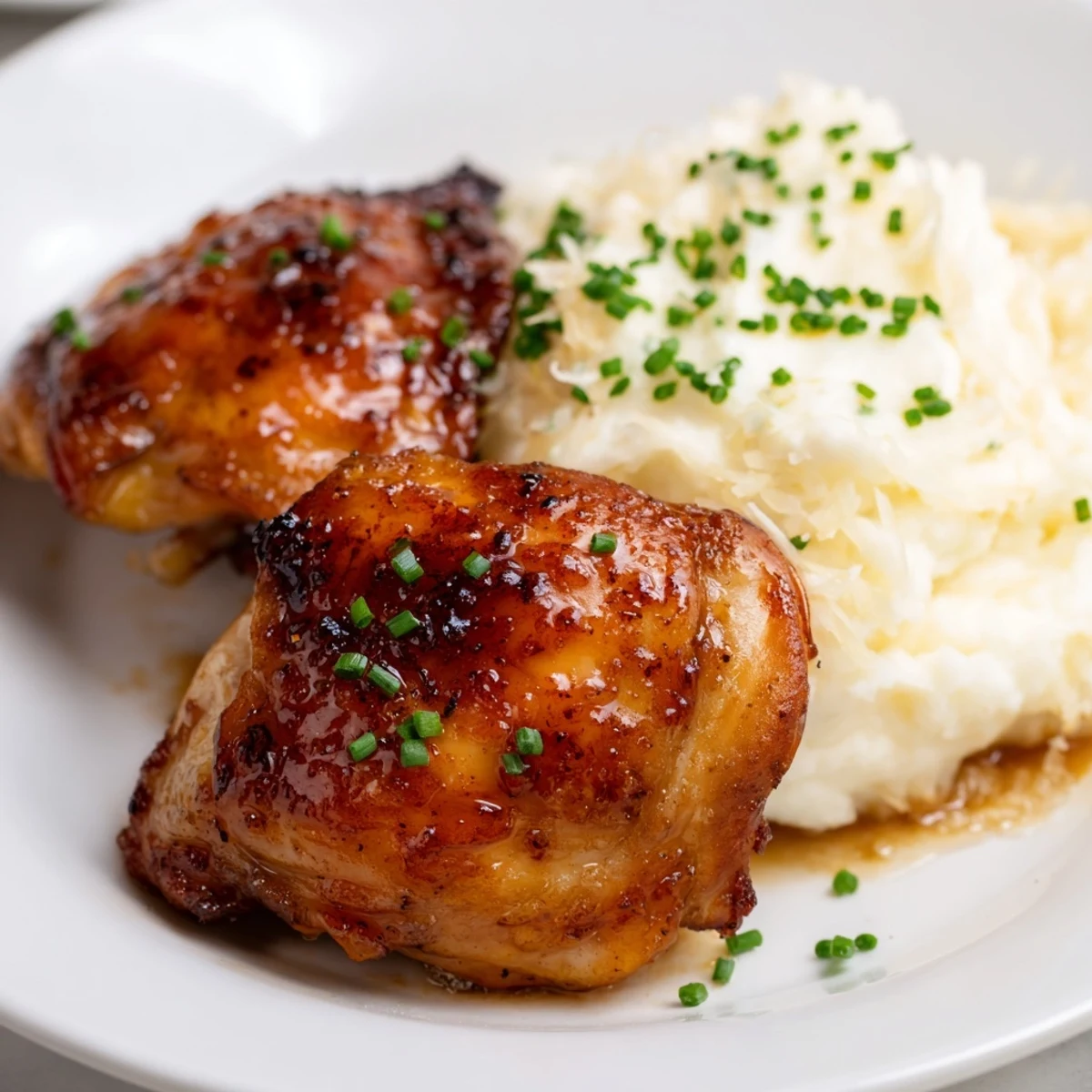 Juicy chipotle honey chicken thighs with crispy skin are served alongside fluffy, cheesy smoked Gouda mashed potatoes.