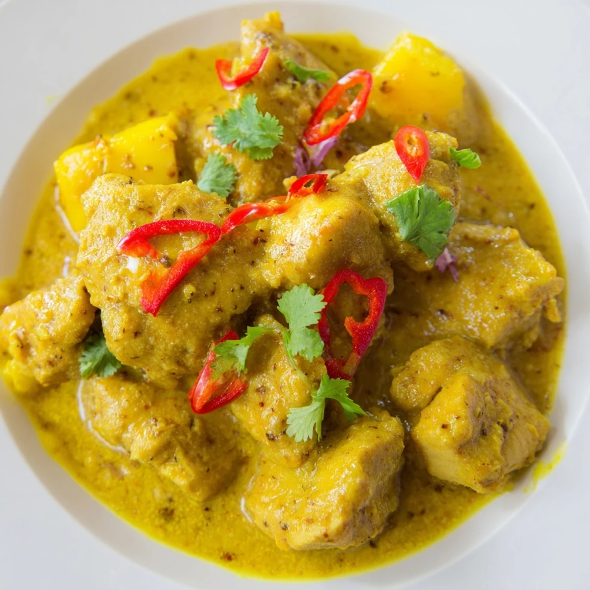 Vibrant Mango Chicken Curry simmering in a creamy coconut mango sauce, garnished with fresh cilantro and served with basmati rice.