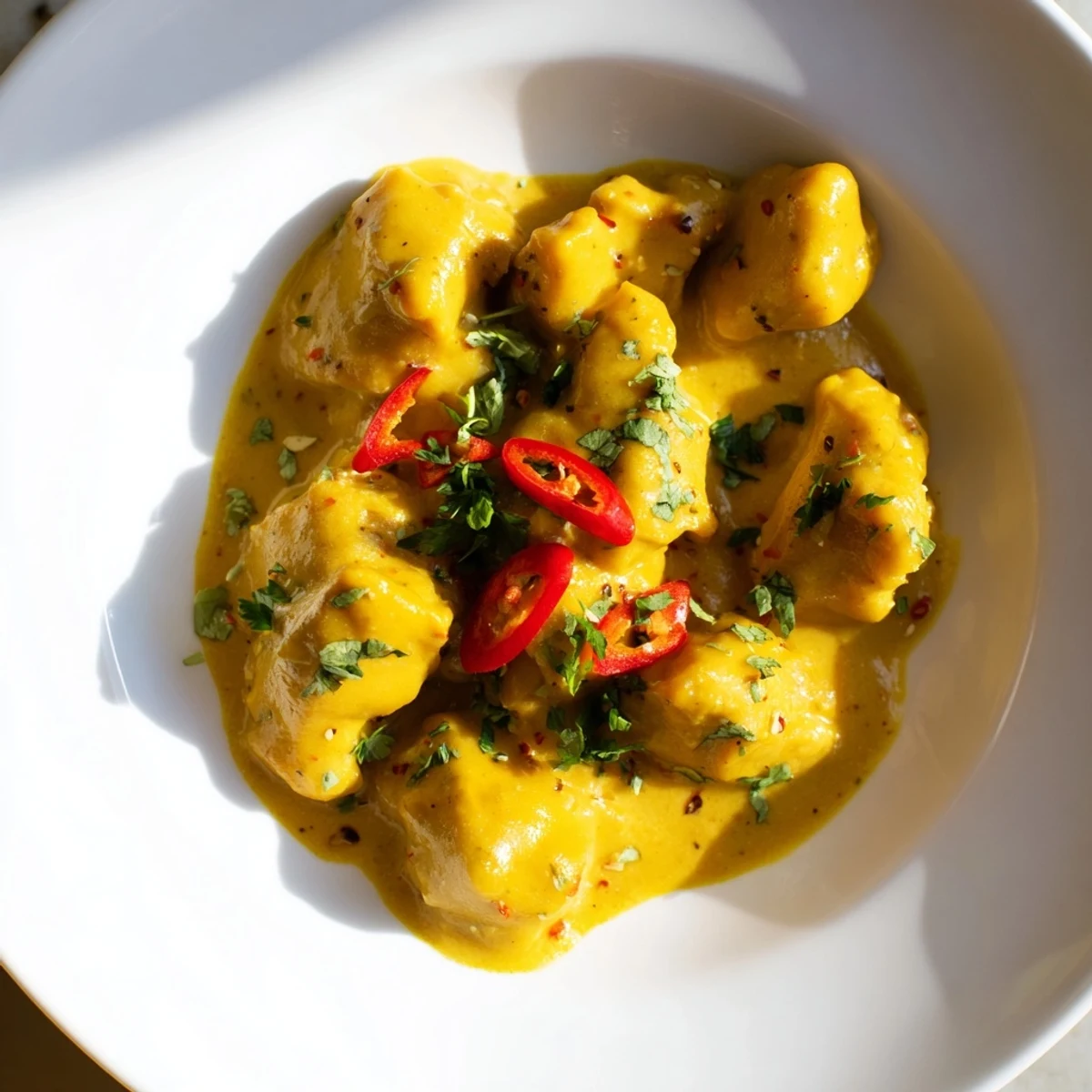 A steaming bowl of Mango Chicken Curry next to fluffy rice and warm naan bread, with red chili slices adding color.