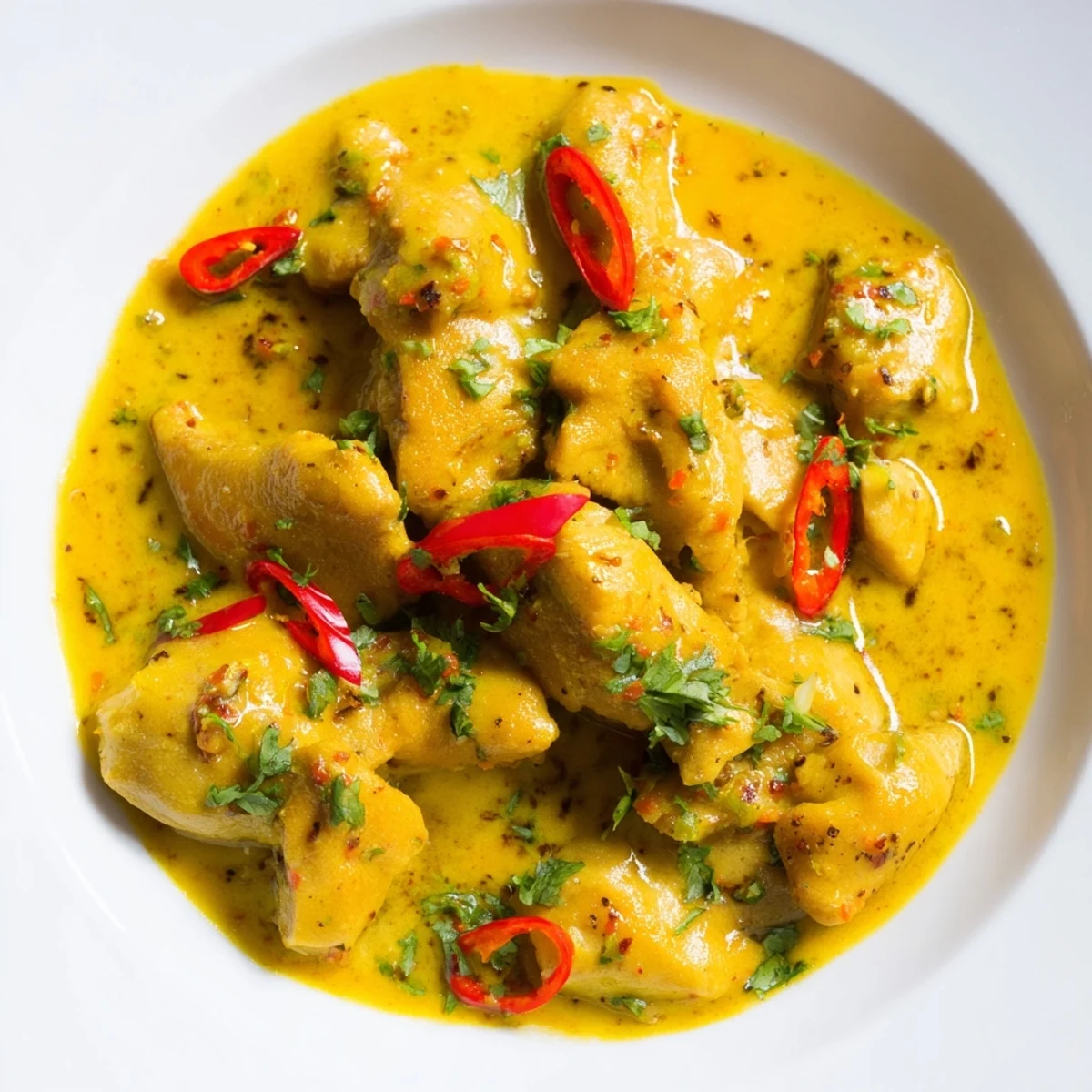 Tender chicken pieces coated in a golden mango curry sauce, surrounded by aromatic spices and fresh cilantro garnish.