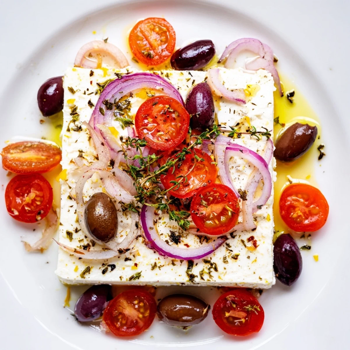 A warm Mediterranean Baked Feta Appetizer fresh from the oven with bubbly tomatoes and crusty bread.