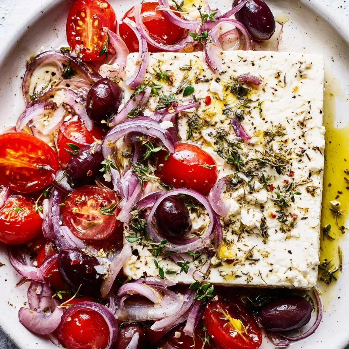 Creamy Mediterranean Baked Feta Appetizer served from a skillet with olive oil and fresh herbs.