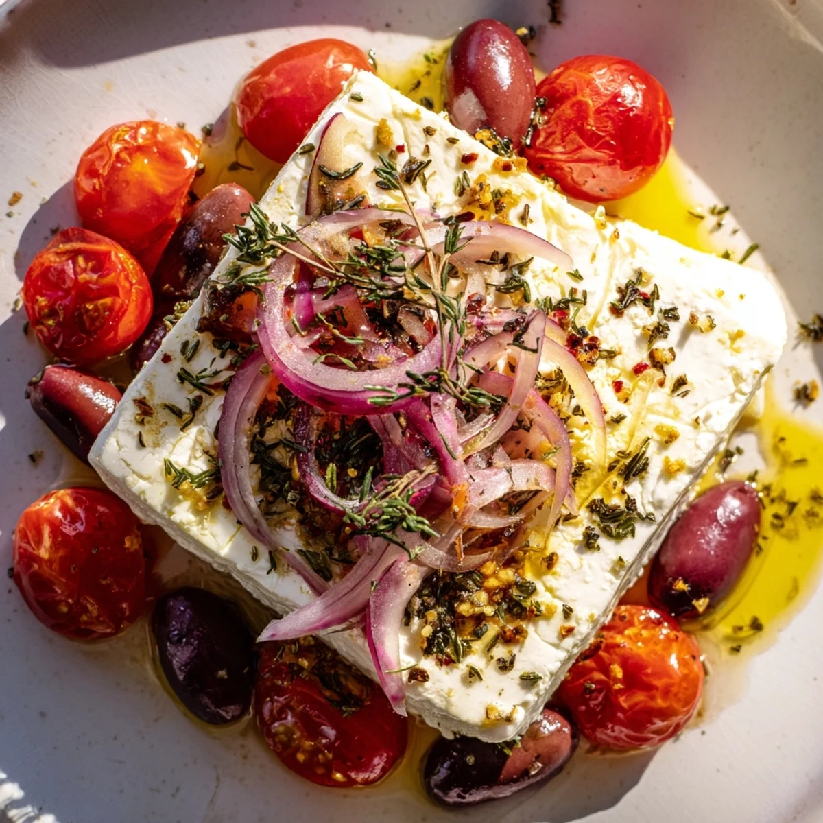 A vibrant plate of Mediterranean Baked Feta Appetizer with juicy tomatoes, olives, and lemon zest.