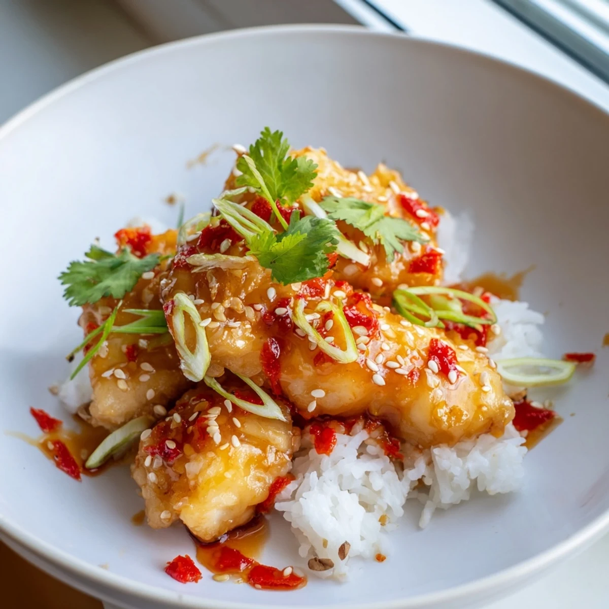 Golden-brown battered cod strips glisten with a sweet and spicy glaze over a bed of fluffy rice, finished with a vibrant chili-garlic drizzle.