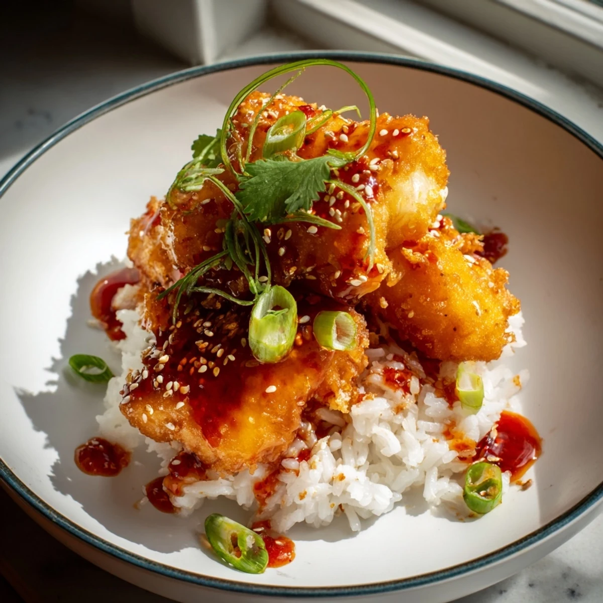 A close-up view of Sweet & Spicy Cod Strips with Chili-Garlic Drizzle over Rice, garnished with fresh cilantro and toasted sesame seeds.