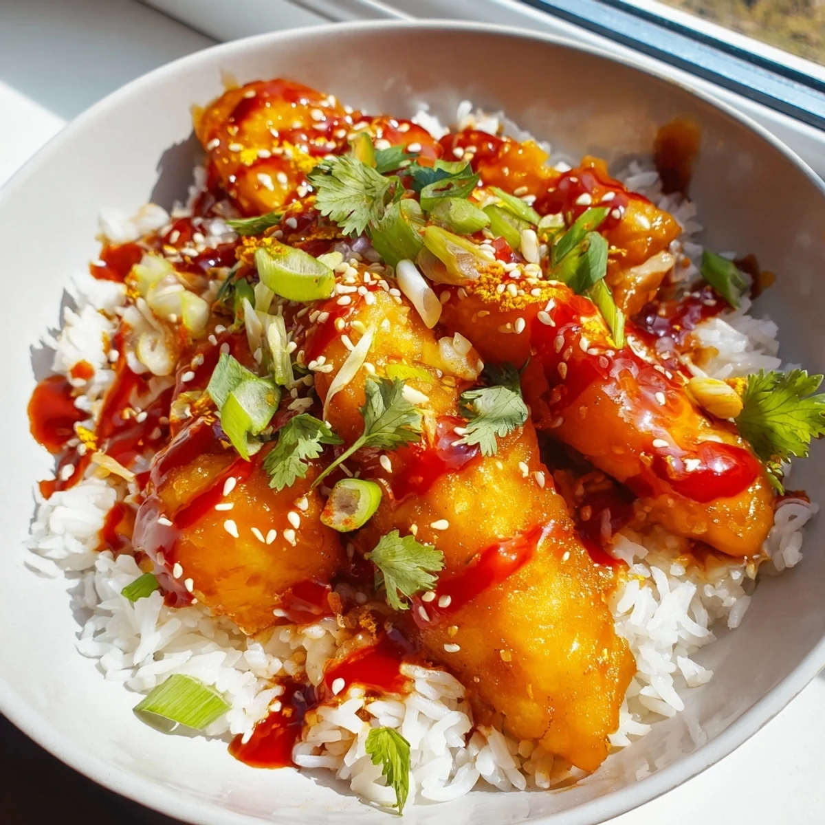 This plated main dish features tender cod pieces and jasmine rice, ready to be enjoyed as a flavorful fusion dinner.