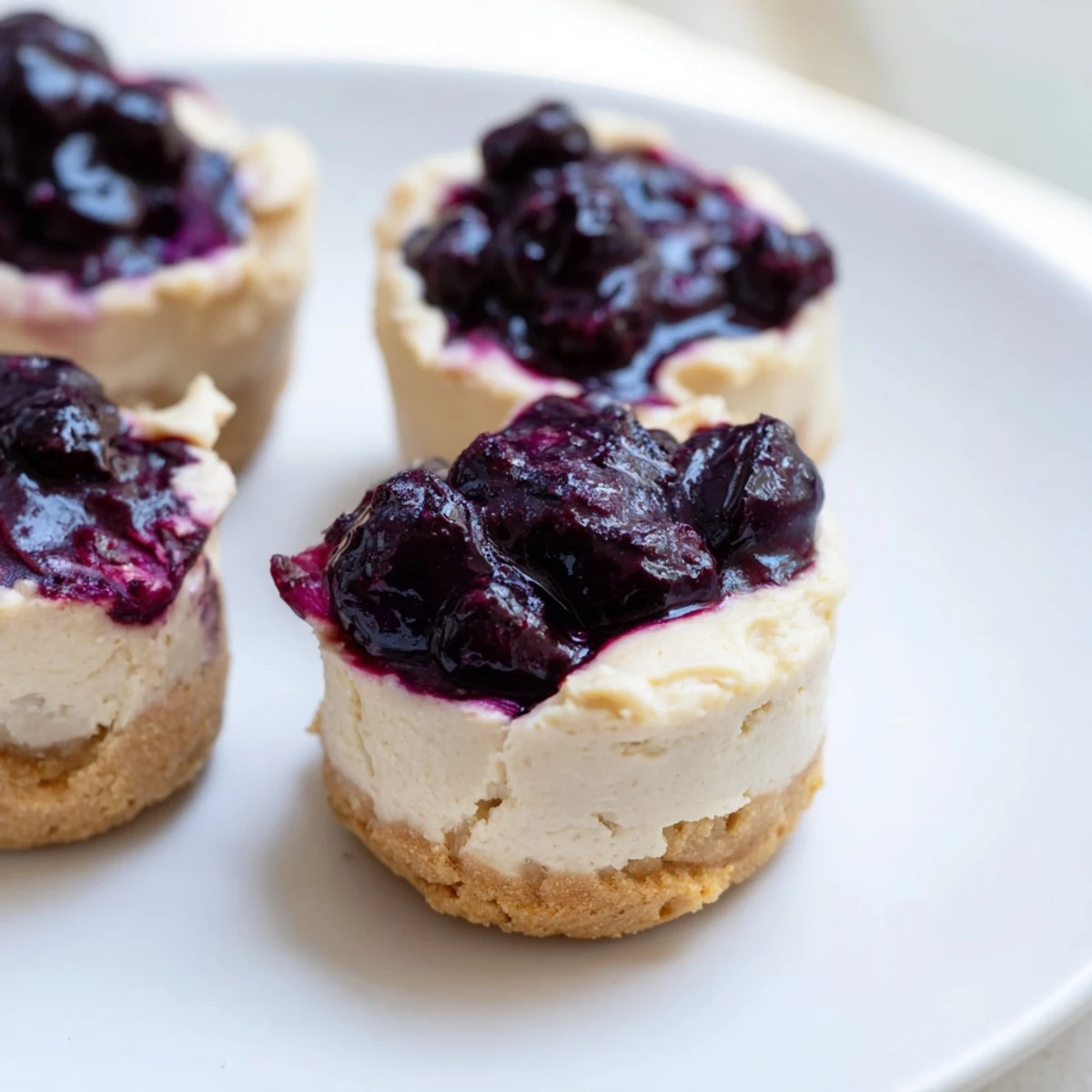 Chilled no-bake Blueberry Cheesecake Protein Bites served on a rustic wooden board with a napkin.