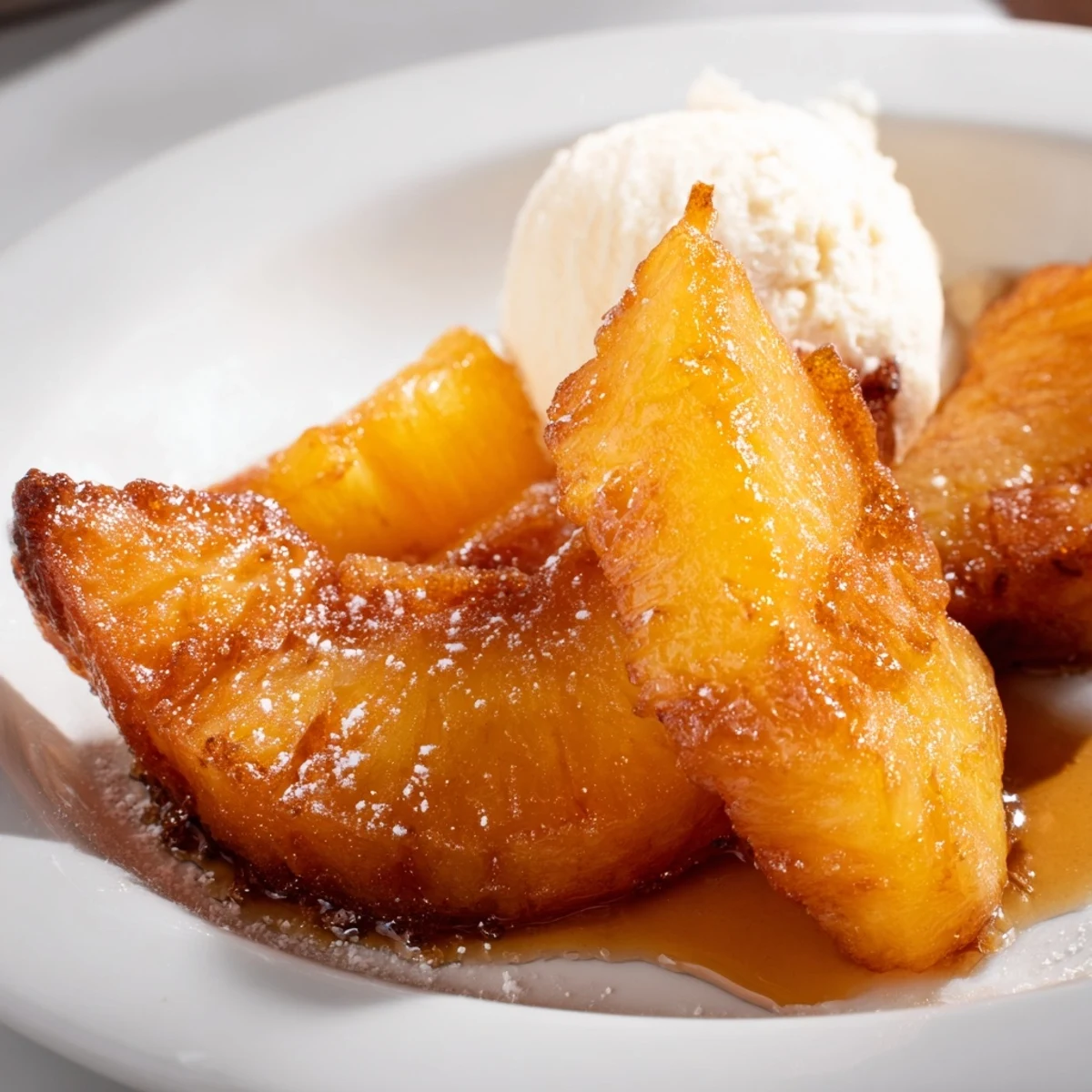 Crispy battered Rum-Soaked Fried Pineapple wedges are drizzled with honey and a light dusting of cinnamon for a tropical dessert treat.