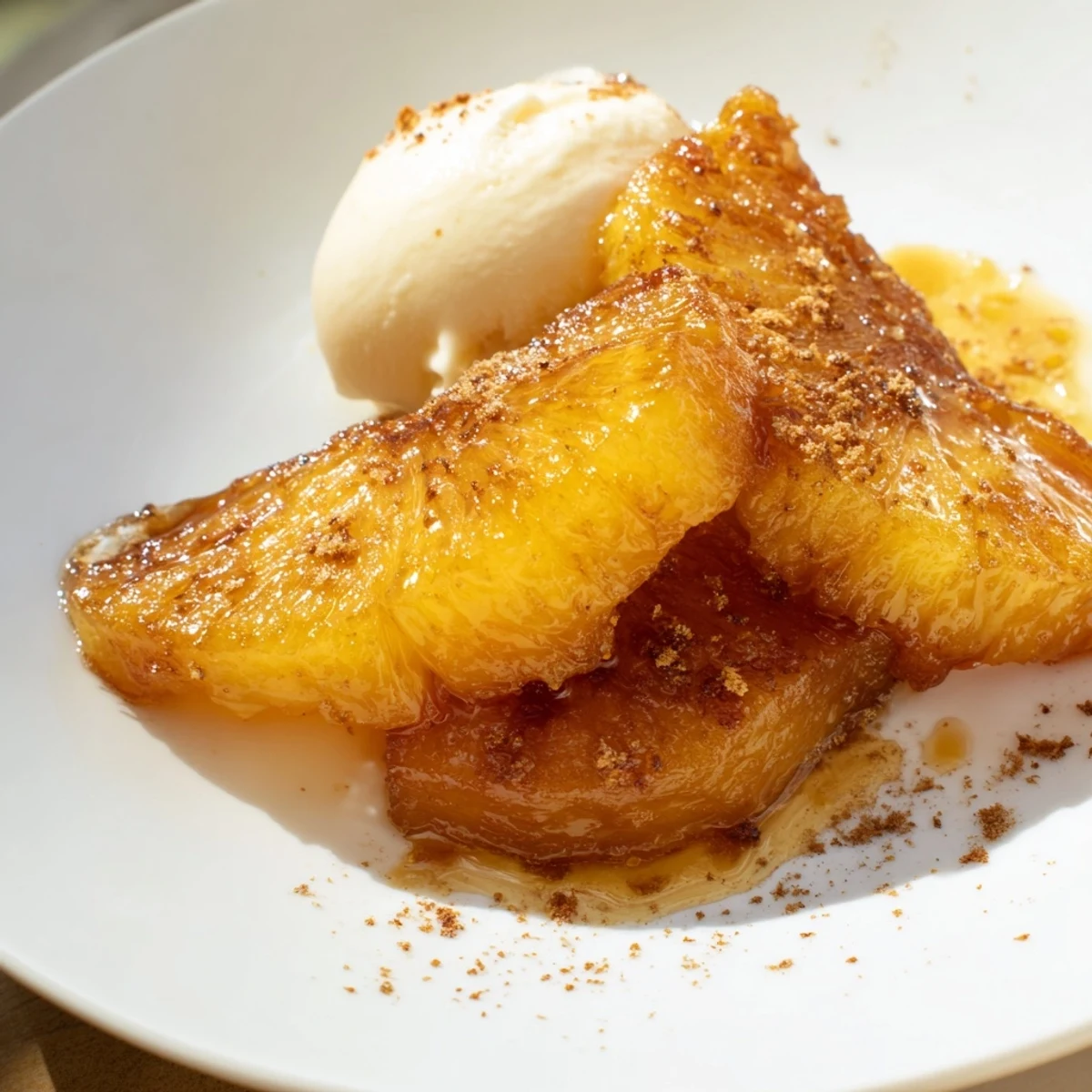 Golden Rum-Soaked Fried Pineapple rings glisten with caramelization, served warm beside a scoop of creamy vanilla ice cream on a rustic plate.