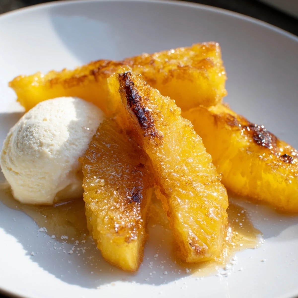 Fresh Rum-Soaked Fried Pineapple pieces fry to golden perfection, releasing sweet aromas of rum and caramel ready for an easy dinner party serving.