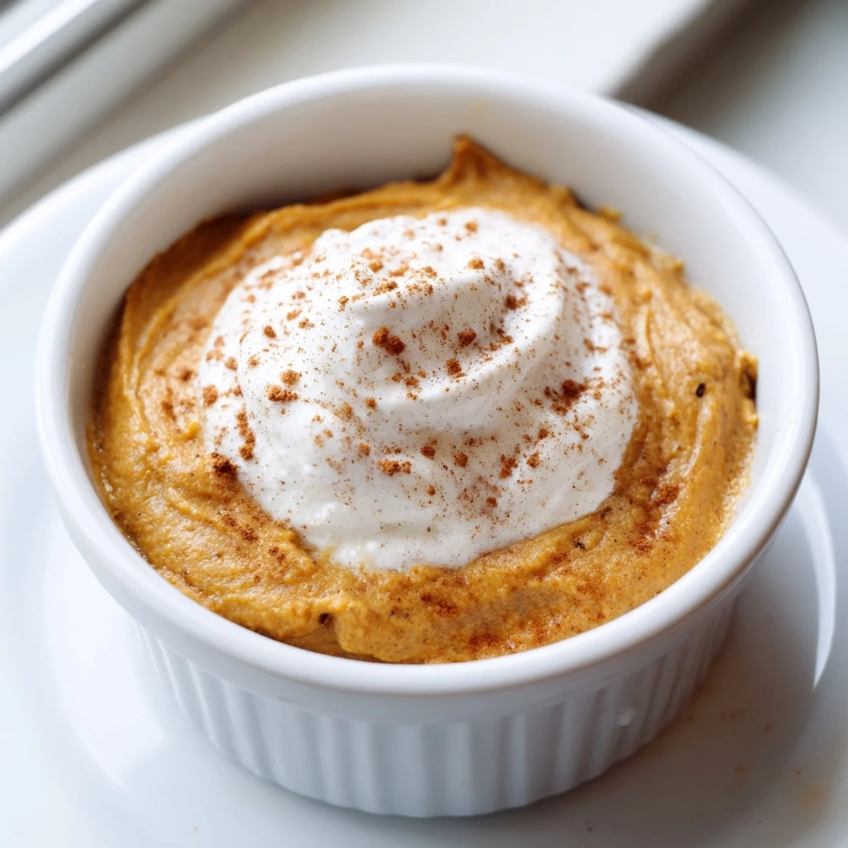 Creamy baked pumpkin spice pudding served warm with a dollop of whipped cream and cinnamon dusting.