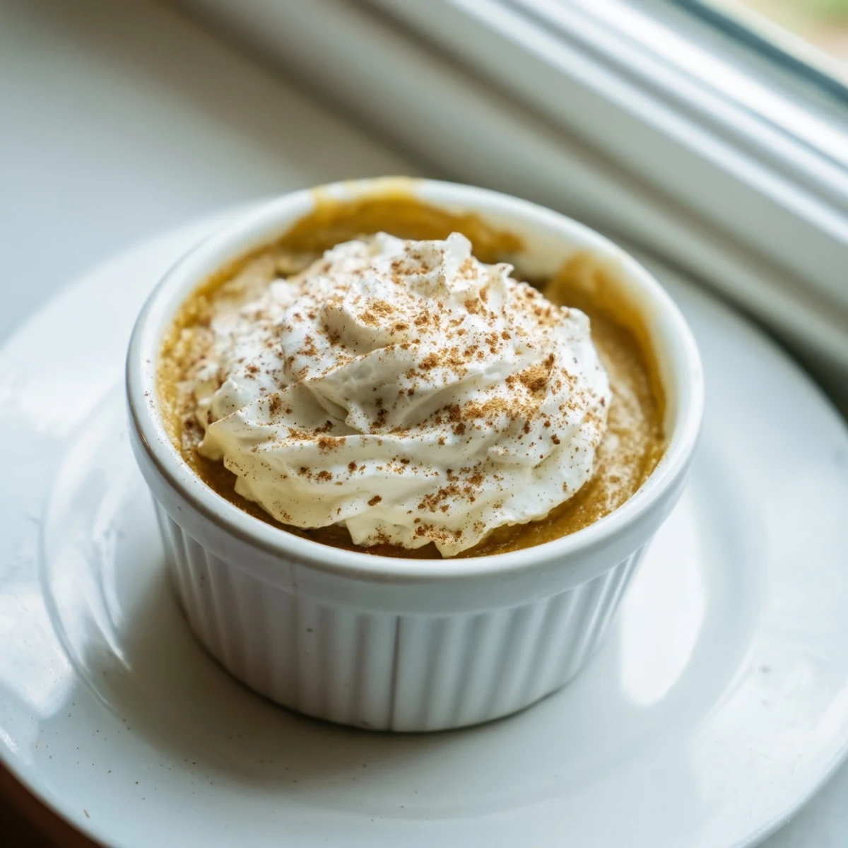 Golden baked pumpkin spice pudding in a baking dish, releasing aromatic cinnamon, ginger, and clove spices.