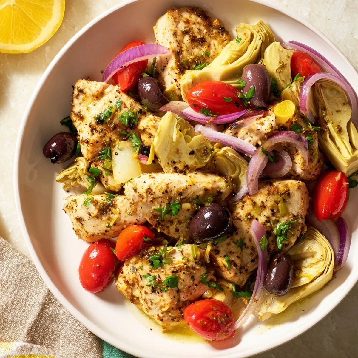 A close-up of Mediterranean Lemon Chicken with Artichokes and Olives in a skillet, garnished with fresh parsley.