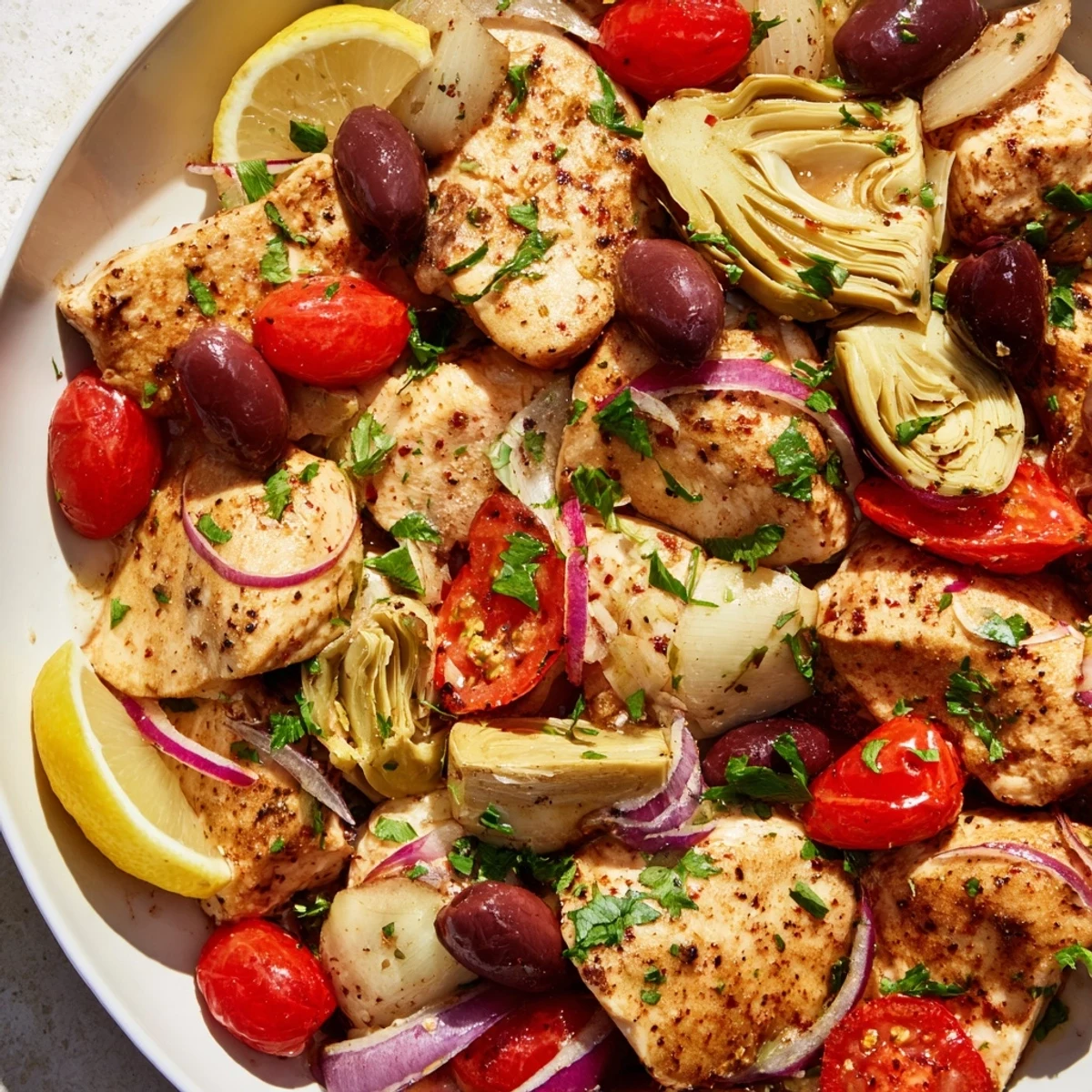A plated serving of Mediterranean Lemon Chicken with Artichokes and Olives alongside a side of quinoa.