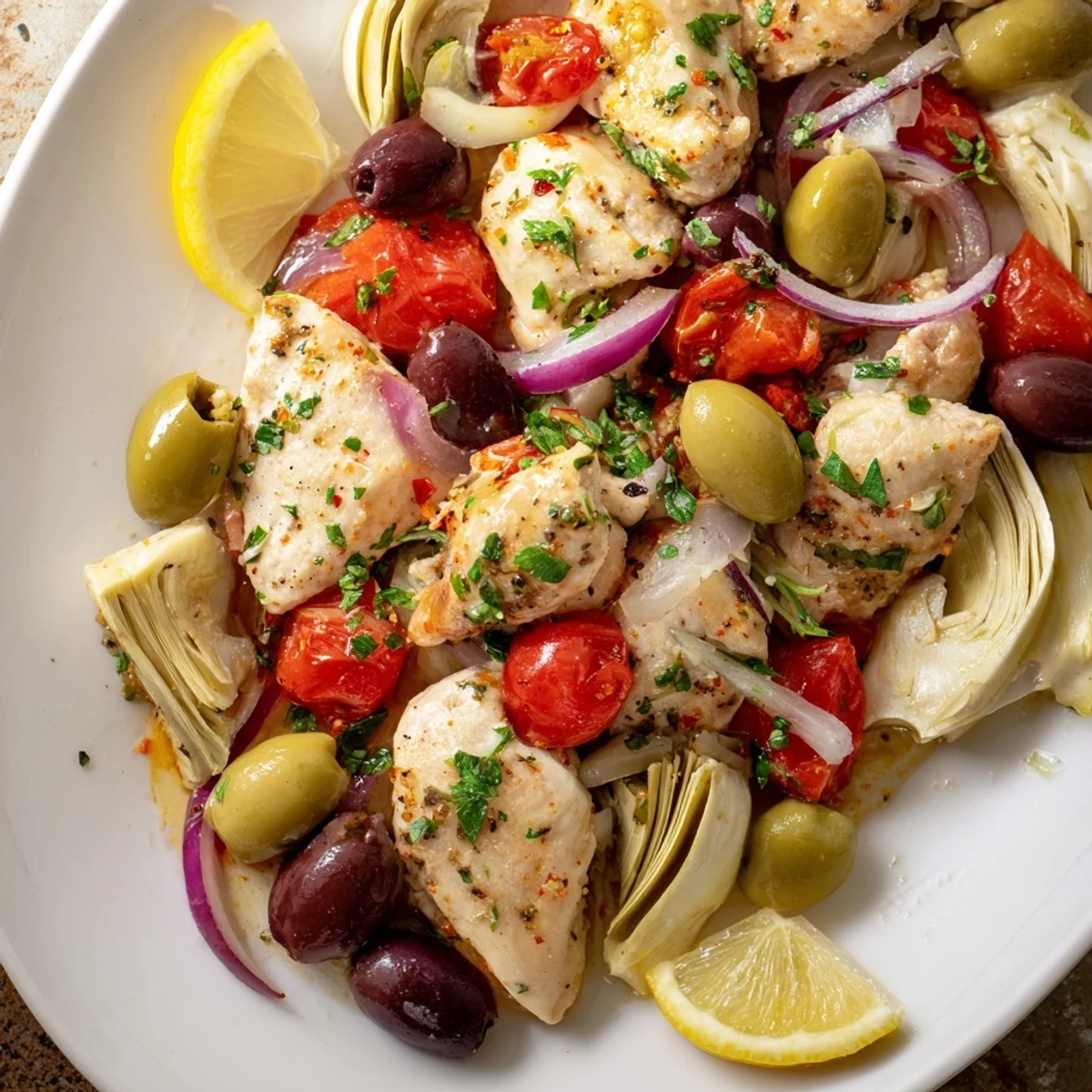 Sizzling Mediterranean Lemon Chicken with Artichokes and Olives in a cast-iron skillet, garnished with parsley.