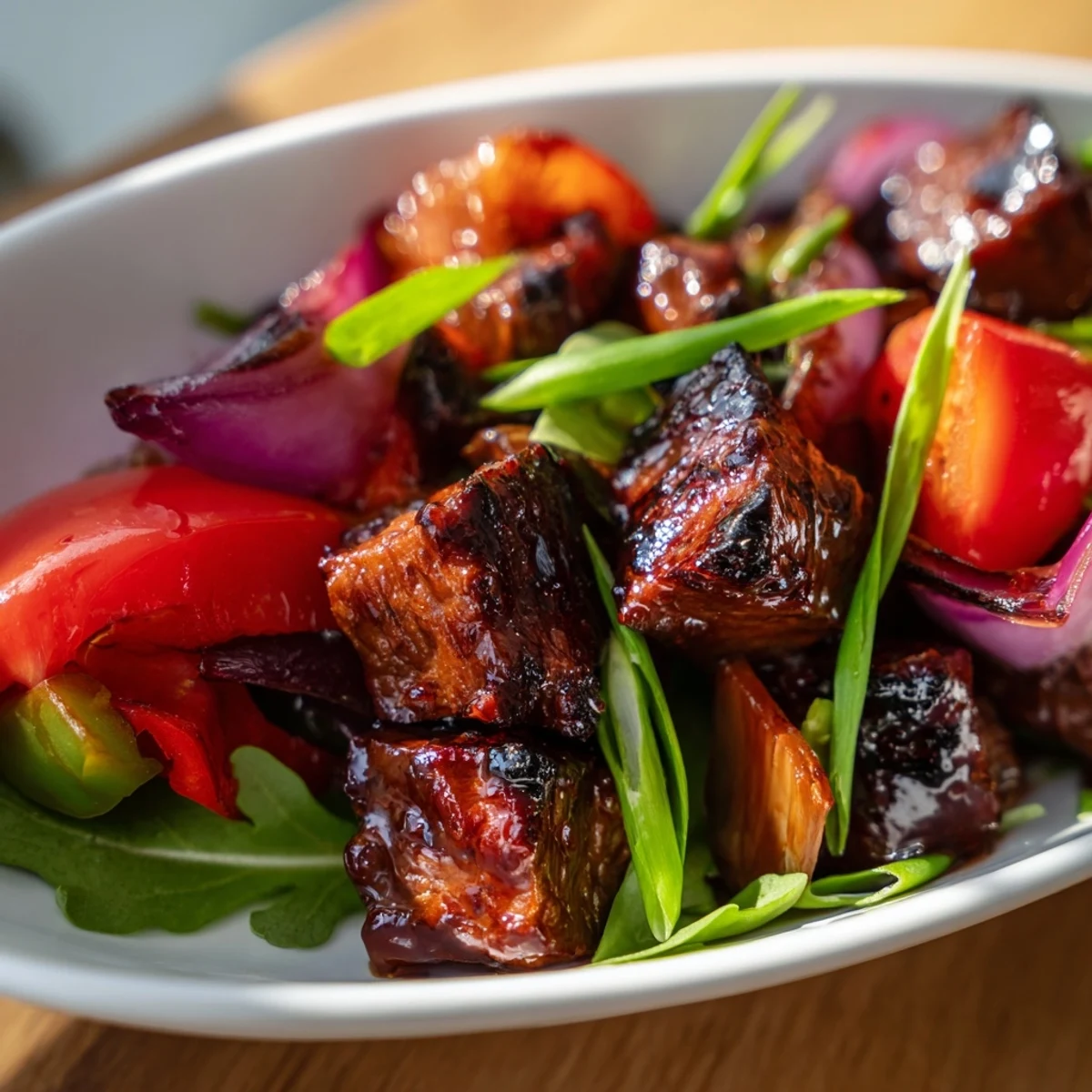 Tender marinated beef from the Vietnamese Shaking Beef recipe is tossed with vibrant vegetables and served beside a tangy lime dipping sauce.