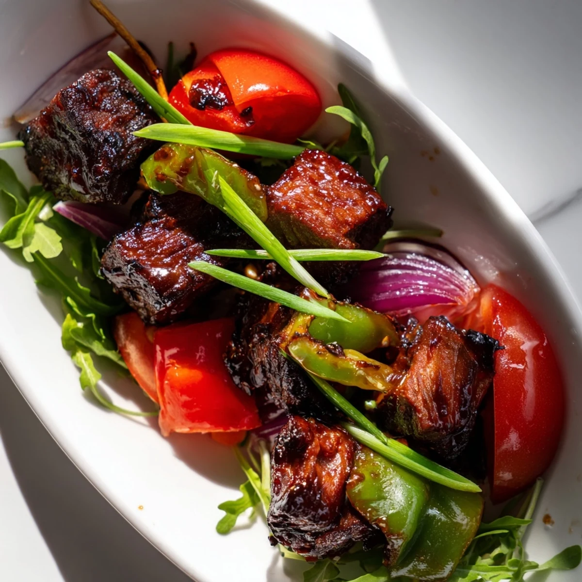 Juicy cubes of Vietnamese Shaking Beef are seared on a hot wok, paired with crisp bell peppers and onions on a bed of greens.