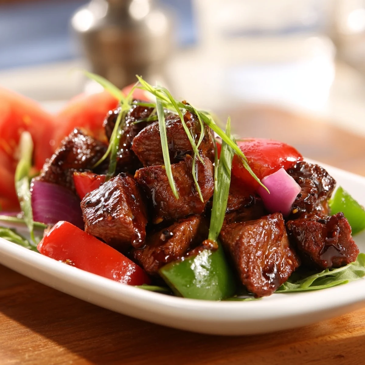 A platter of Vietnamese Shaking Beef features caramelized steak pieces, colorful peppers, and fresh tomatoes, ready to be enjoyed over steamed rice.