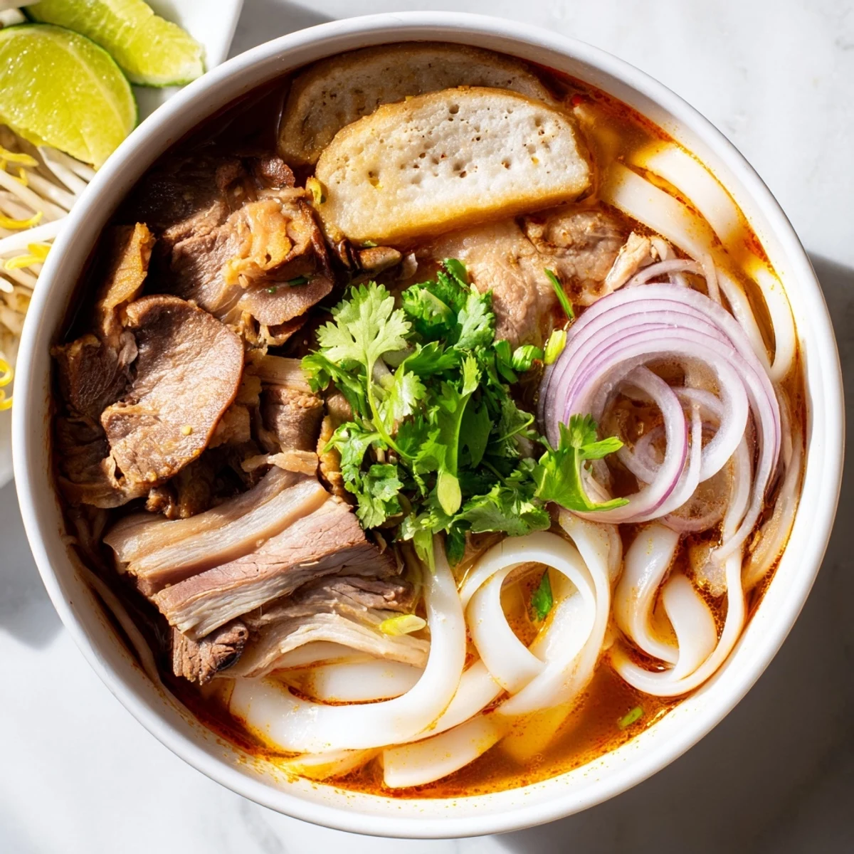 Thick rice noodles and tender beef slices in a steaming bowl of Bun Bo Hue, garnished with fresh herbs and lime wedges.