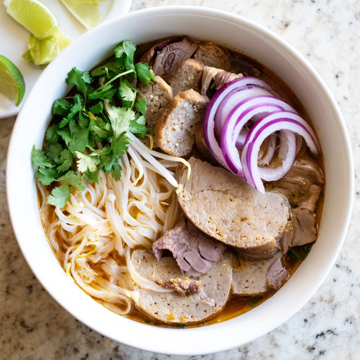 Close-up of aromatic Bun Bo Hue broth with vibrant chili oil drizzle, showcasing tender beef and fragrant lemongrass notes.