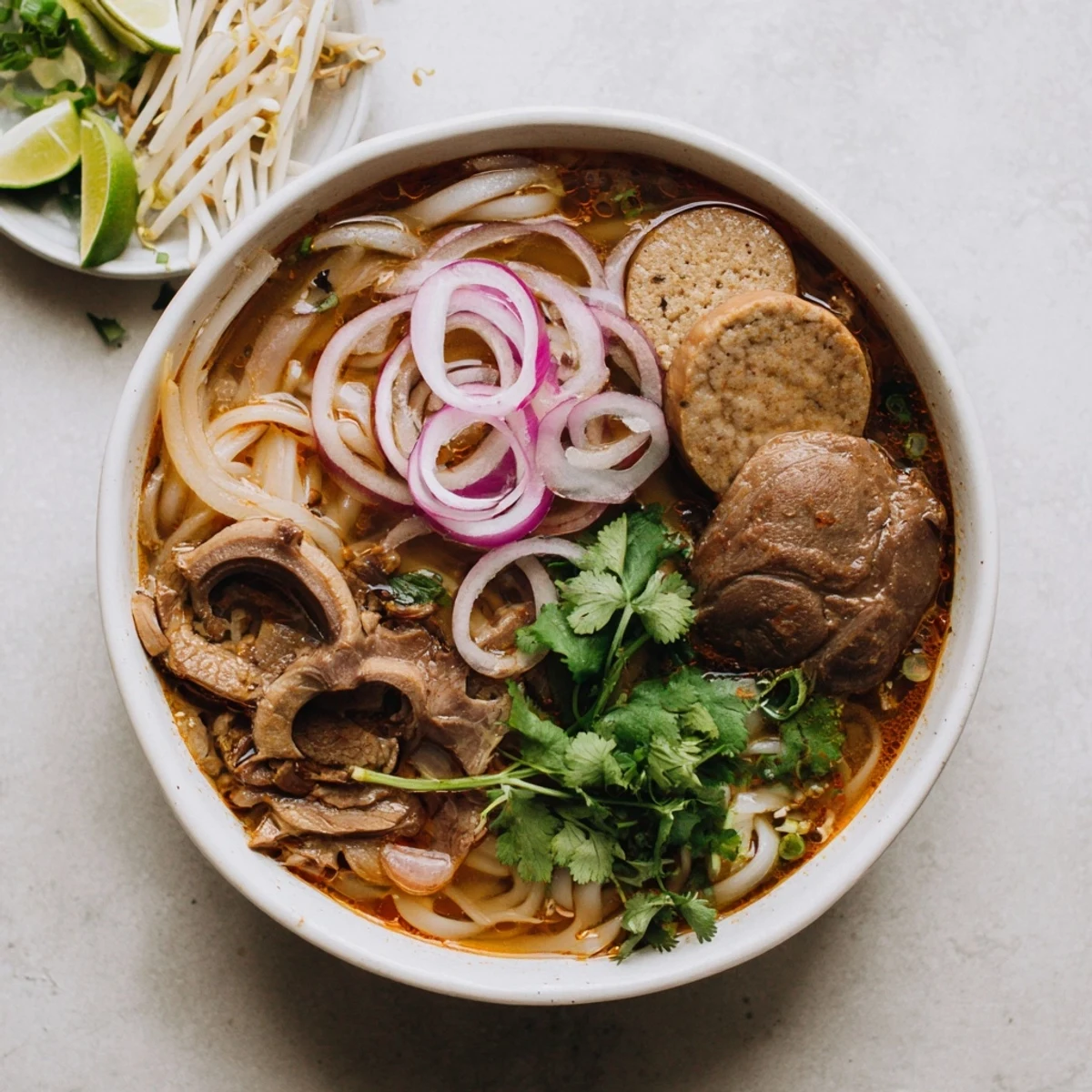 A rustic serving of Bun Bo Hue with bean sprouts and herbs, ready to enjoy with a spoon and chopsticks.