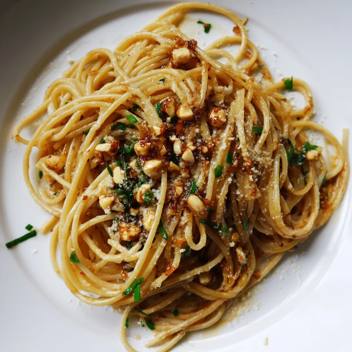 Steaming Garlic Noodles with melted butter and sautéed minced garlic in a skillet, topped with green scallions and sesame seeds.