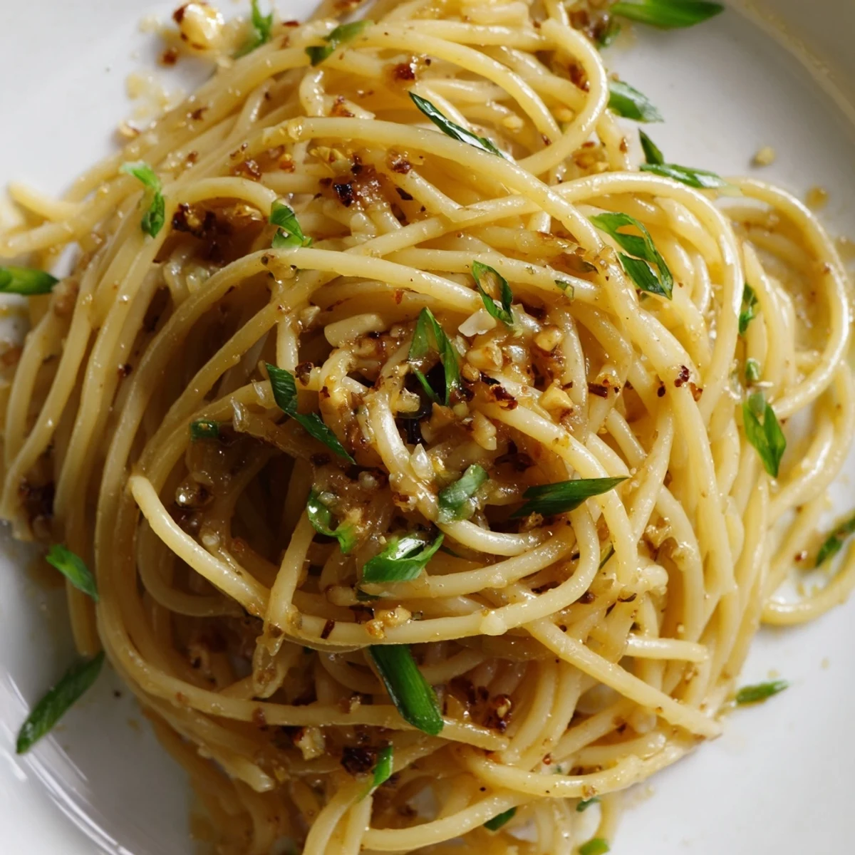 A close-up of Garlic Noodles showing al dente texture and fragrant garlic cloves, garnished with fresh scallions and toasted sesame seeds.