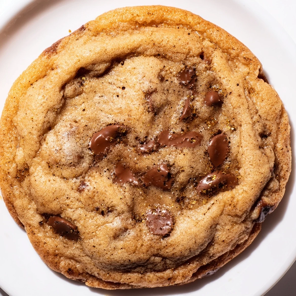 Freshly baked Chai Spiced Chocolate Chip Cookies arranged on a rustic wooden board near a steaming mug.