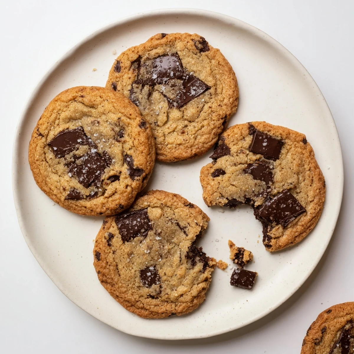 A close-up of Miso Chocolate Chip Cookies beside a glass of cold milk, highlighting the optional flaky sea salt on top.