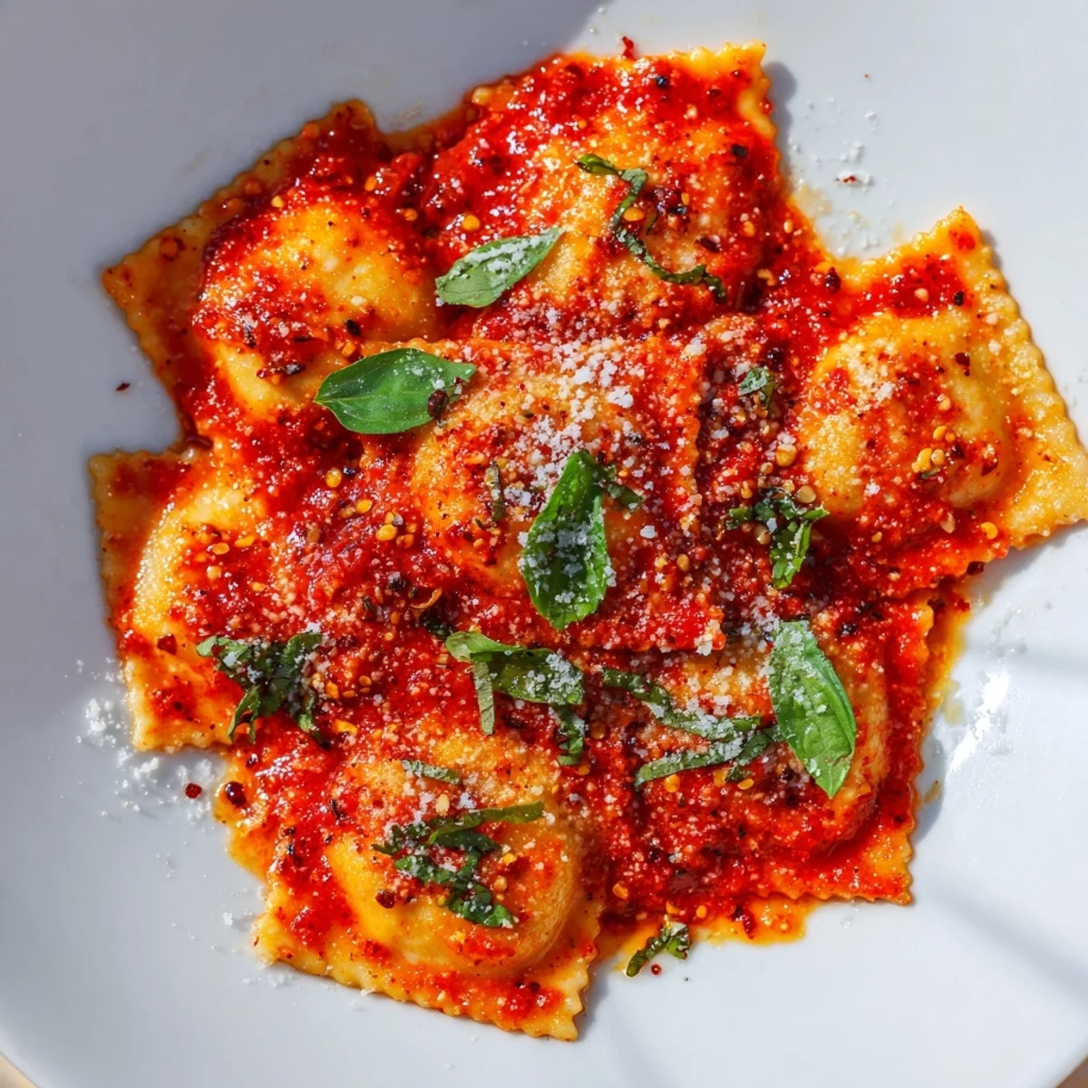 Steamy 20-Minute Ravioli with Simple Sauce twirls in a vibrant red tomato-basil sauce.  